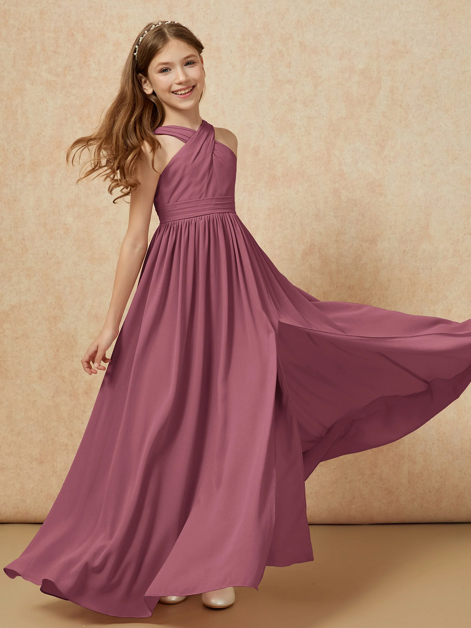 Grecian Neck Chiffon Junior Bridesmaid Dresses With Slit Mulberry - Image 6