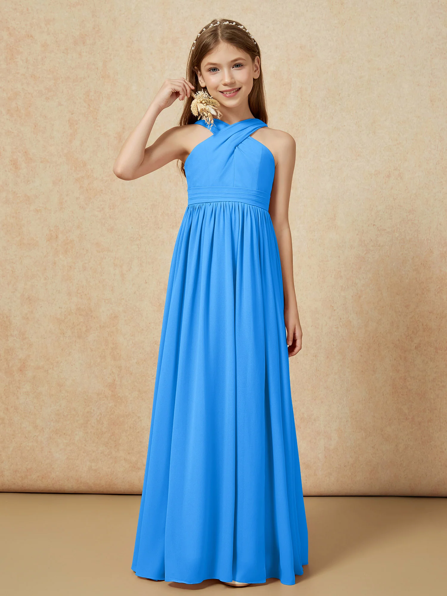 Grecian Neck Chiffon Junior Bridesmaid Dresses With Slit Ocean Blue