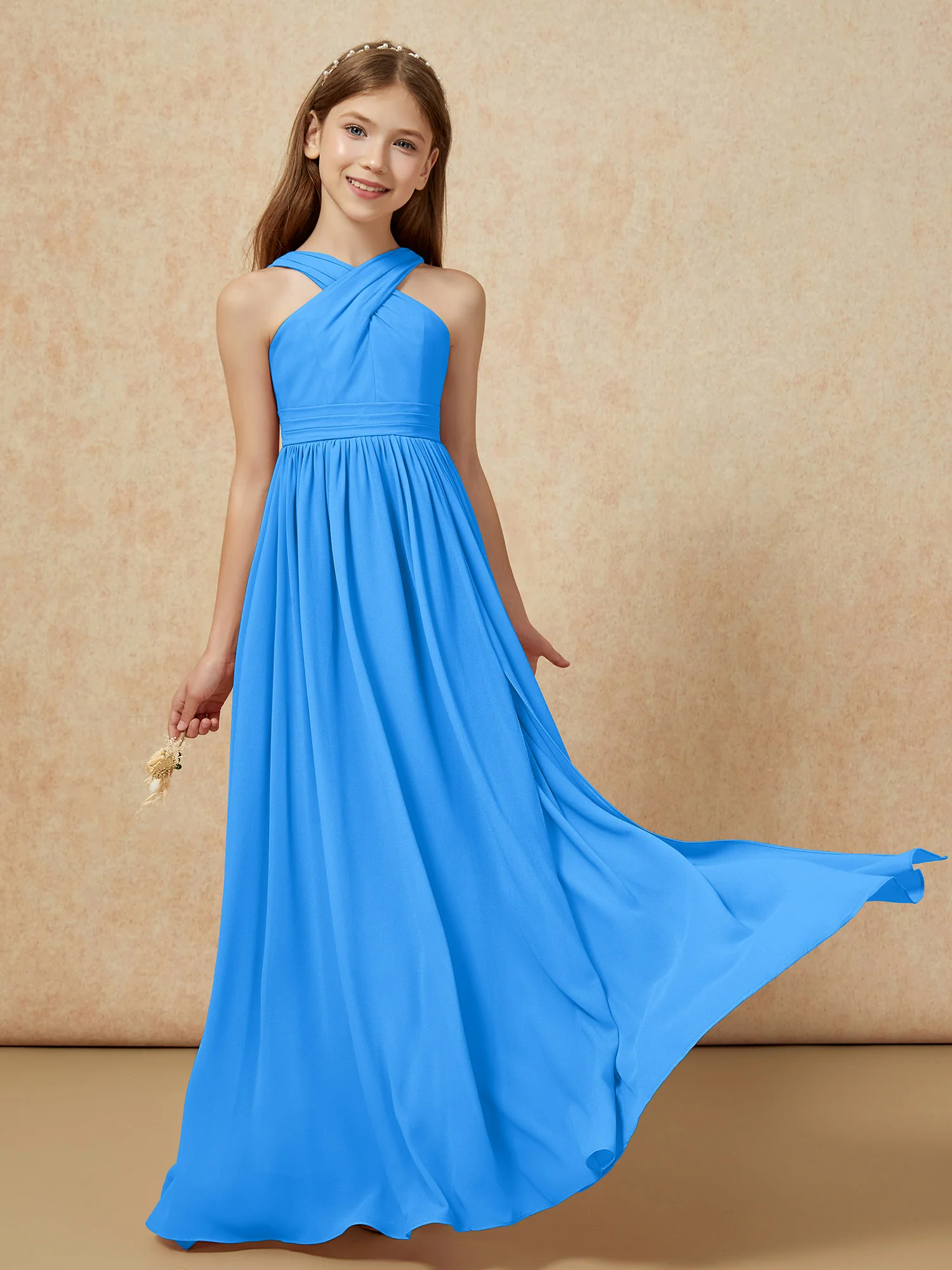Grecian Neck Chiffon Junior Bridesmaid Dresses With Slit Ocean Blue - Image 5