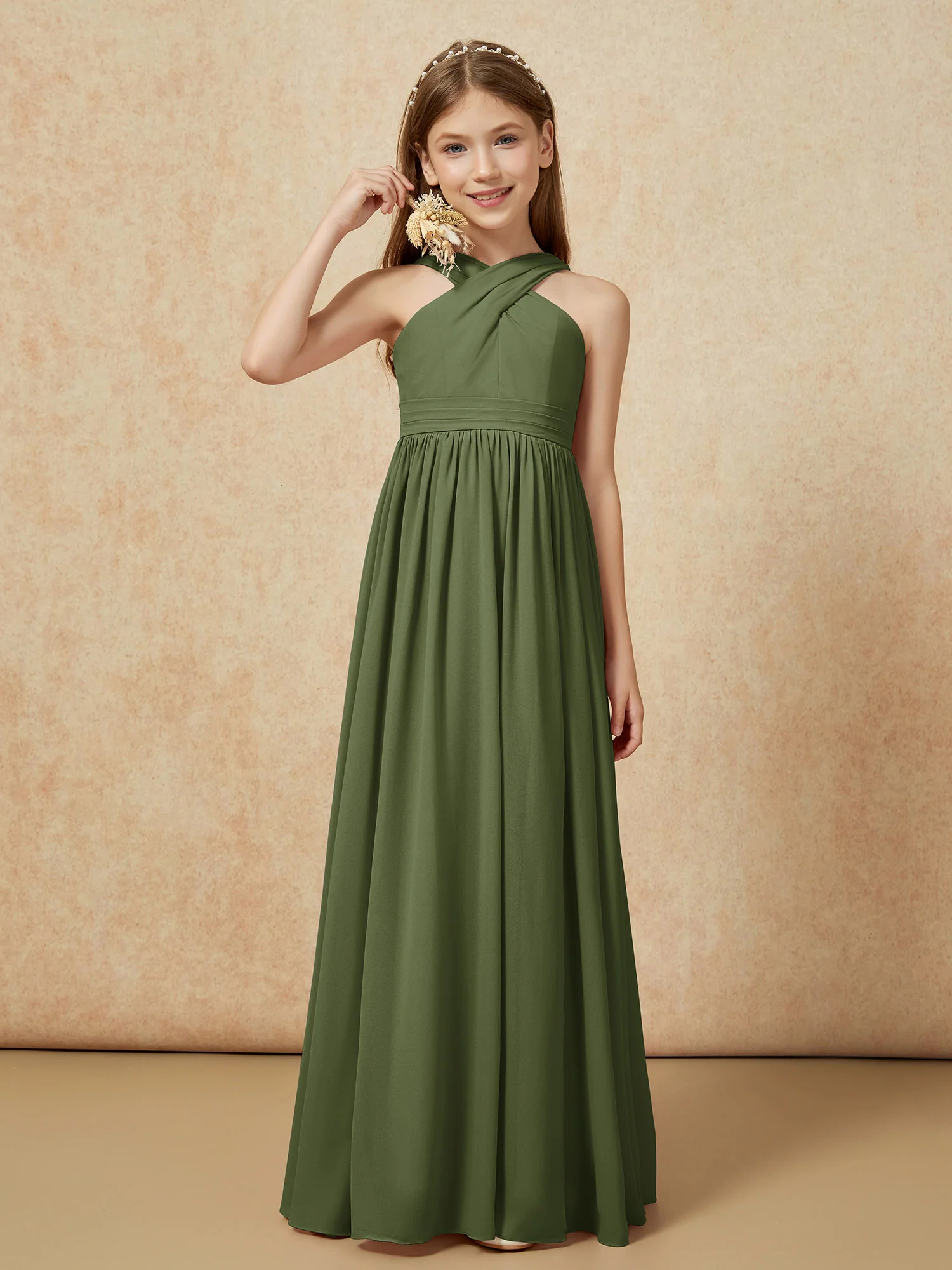 Grecian Neck Chiffon Junior Bridesmaid Dresses With Slit Olive Green