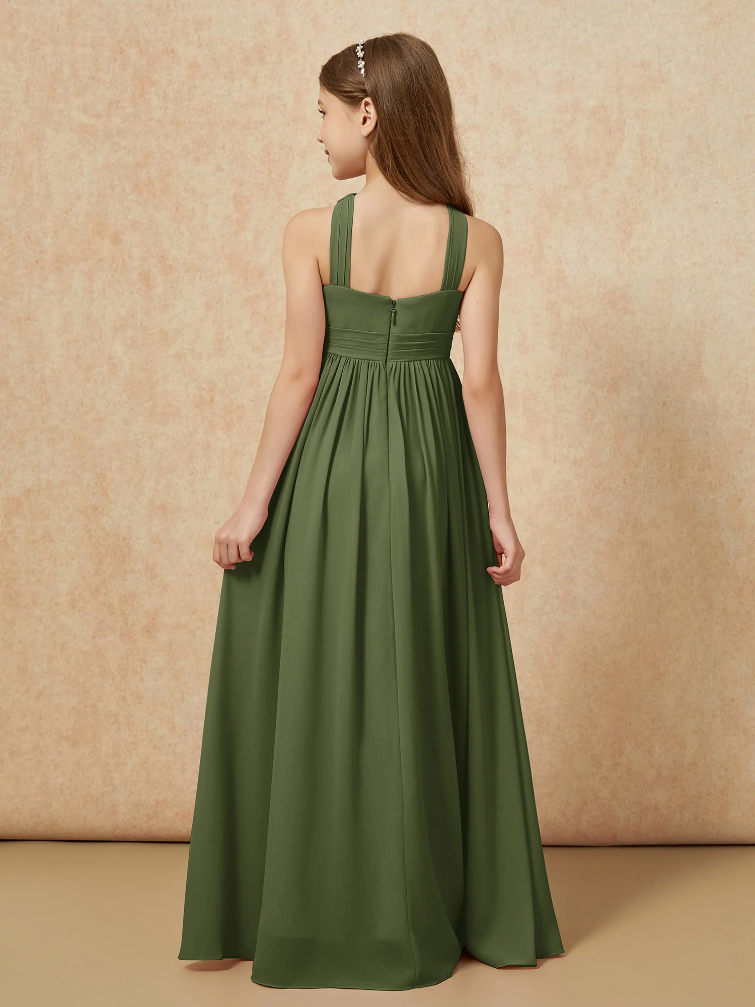 Grecian Neck Chiffon Junior Bridesmaid Dresses With Slit Olive Green - Image 2