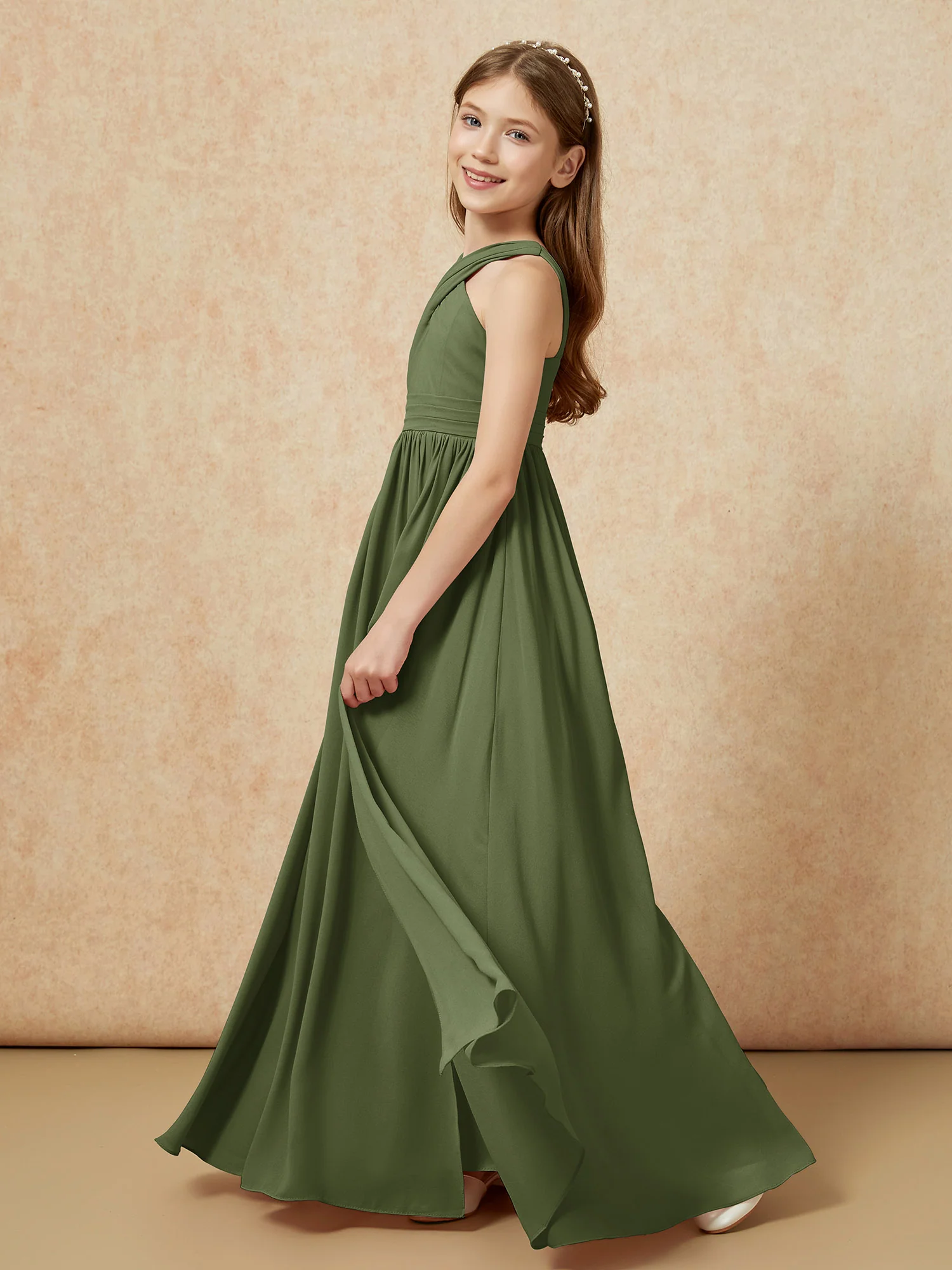 Grecian Neck Chiffon Junior Bridesmaid Dresses With Slit Olive Green - Image 3