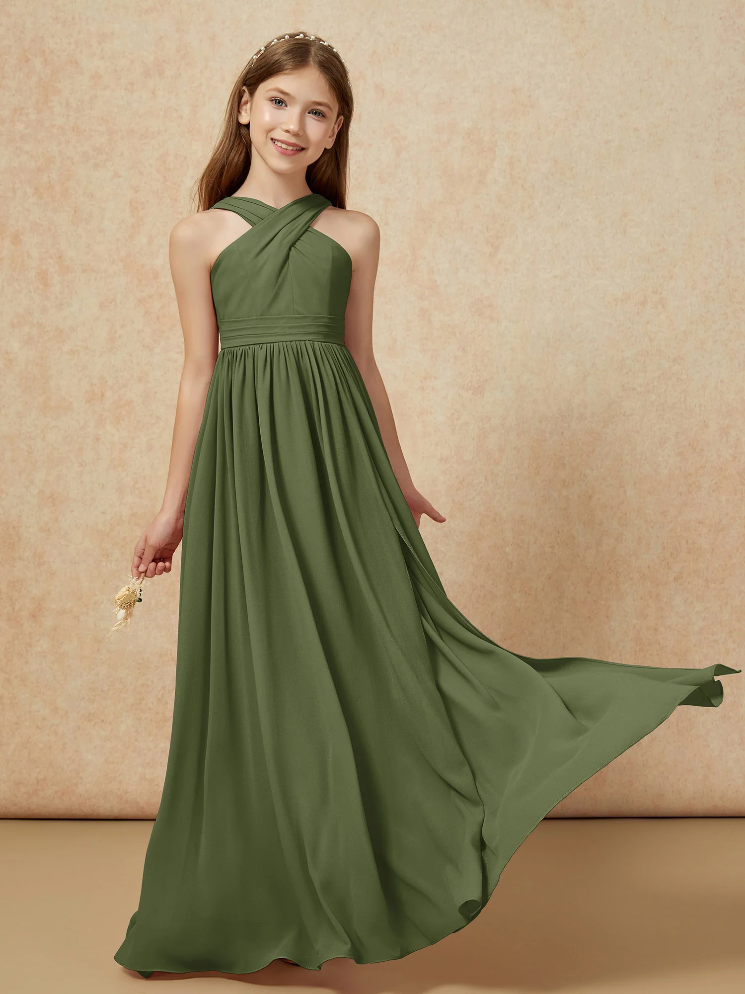 Grecian Neck Chiffon Junior Bridesmaid Dresses With Slit Olive Green - Image 5