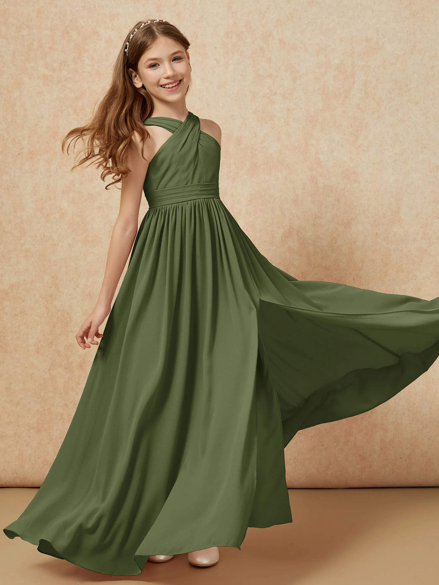 Grecian Neck Chiffon Junior Bridesmaid Dresses With Slit Olive Green - Image 6