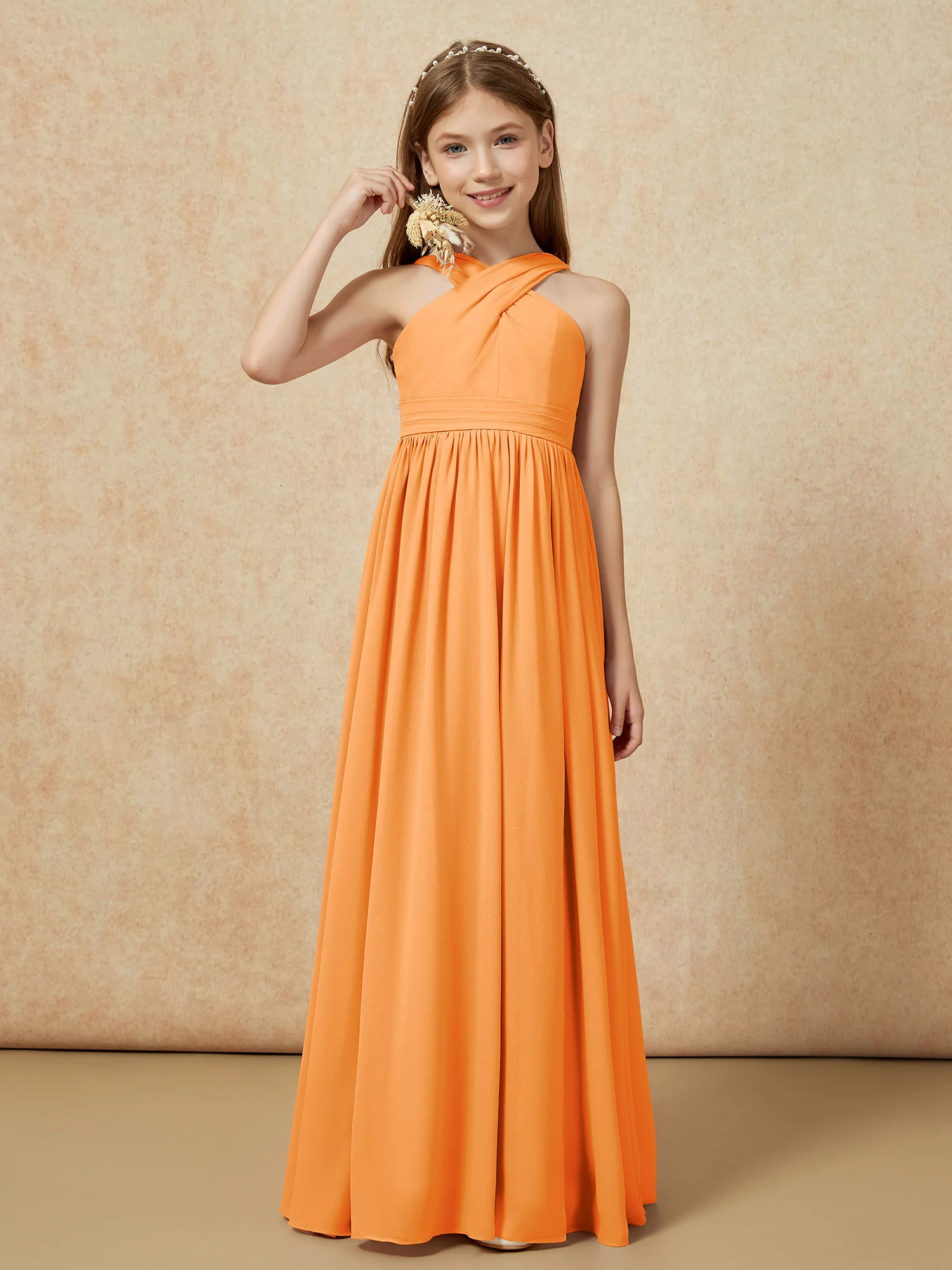 Grecian Neck Chiffon Junior Bridesmaid Dresses With Slit Orange
