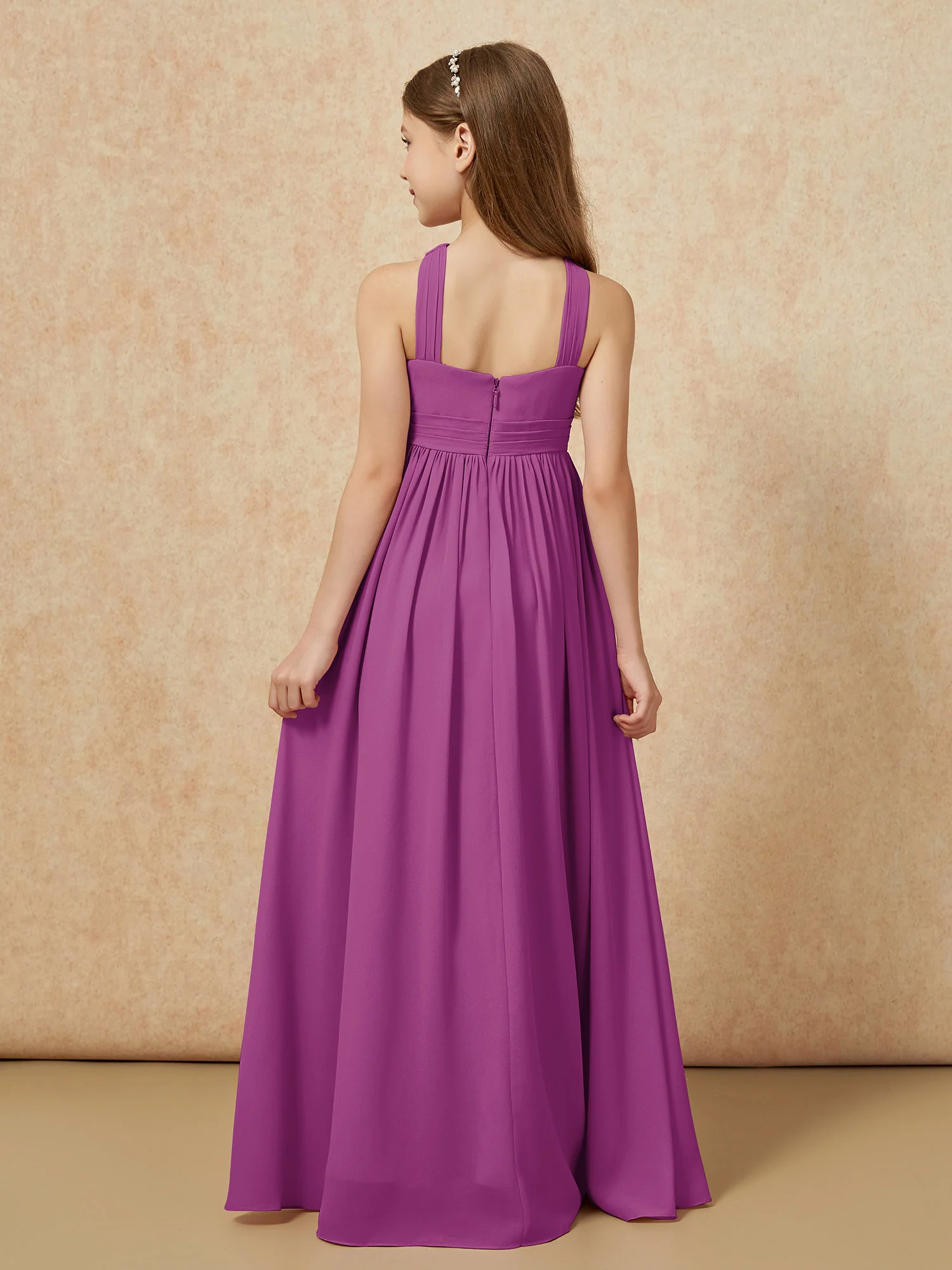 Grecian Neck Chiffon Junior Bridesmaid Dresses With Slit Orchid - Image 2