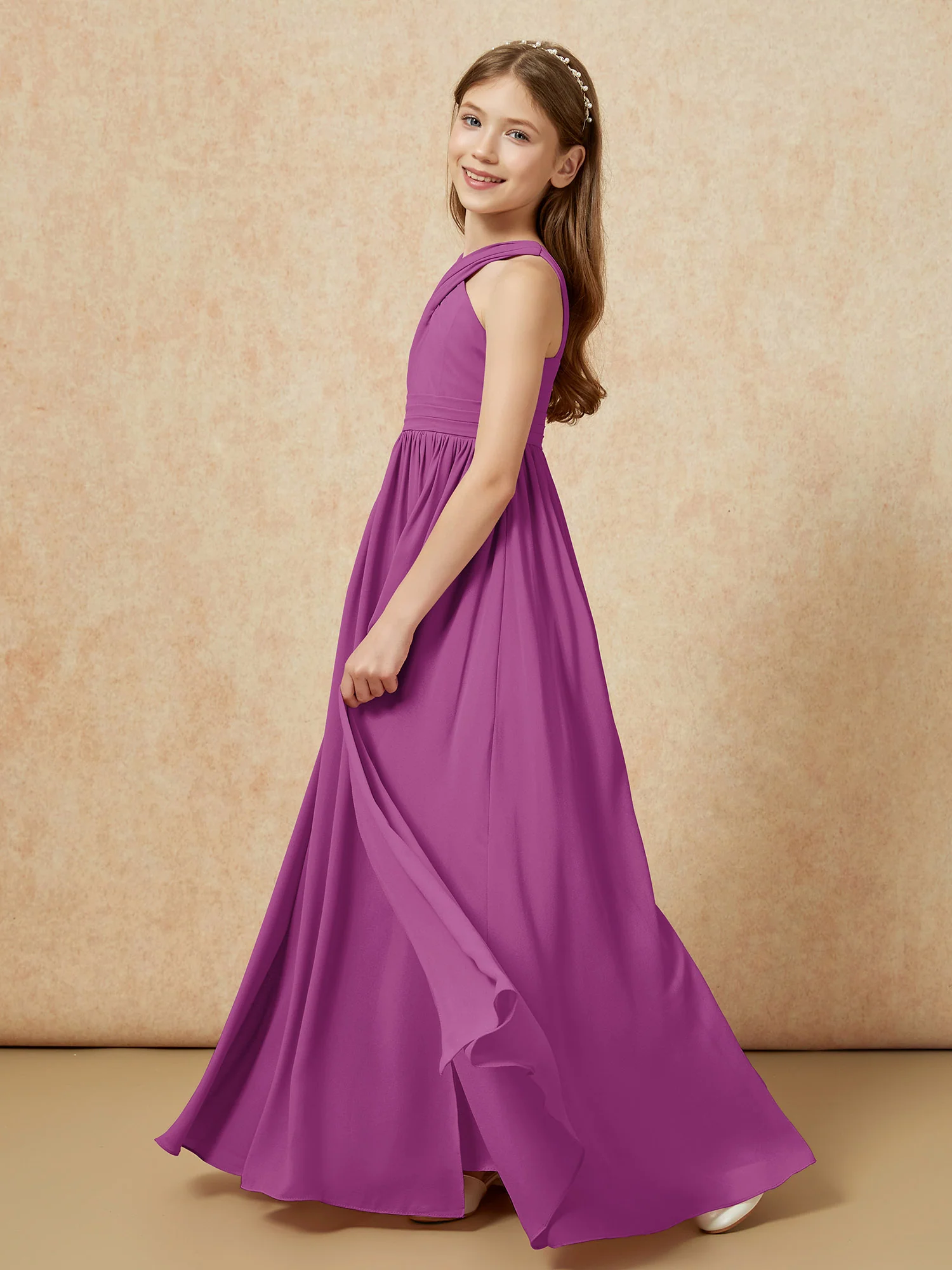 Grecian Neck Chiffon Junior Bridesmaid Dresses With Slit Orchid - Image 3