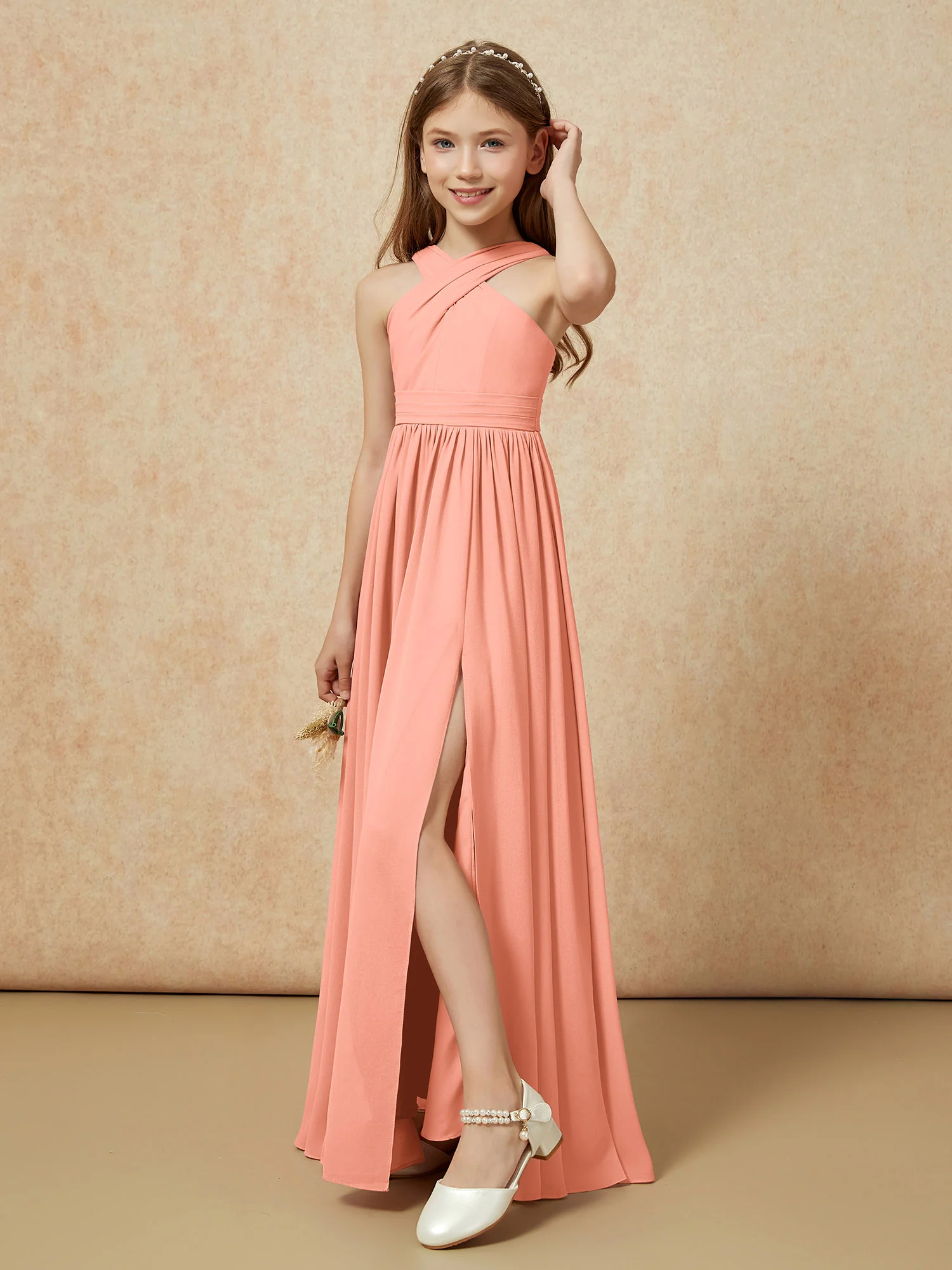 Grecian Neck Chiffon Junior Bridesmaid Dresses With Slit Papaya - Image 4