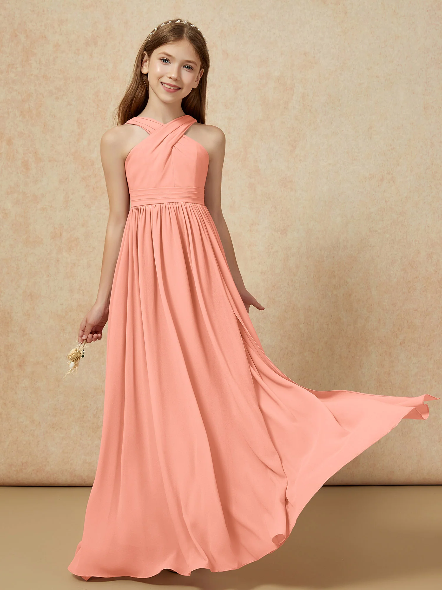Grecian Neck Chiffon Junior Bridesmaid Dresses With Slit Papaya - Image 5