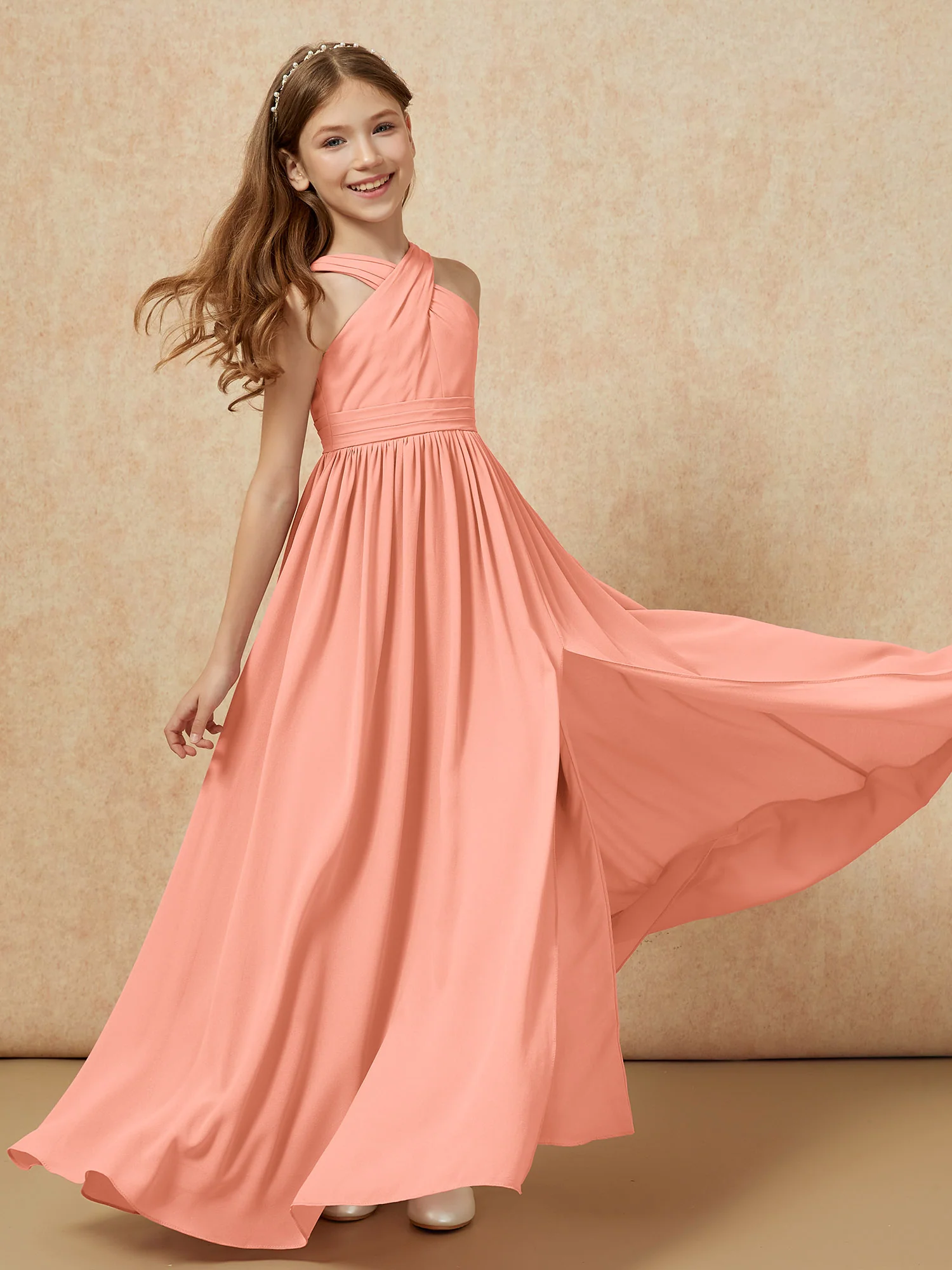 Grecian Neck Chiffon Junior Bridesmaid Dresses With Slit Papaya - Image 6