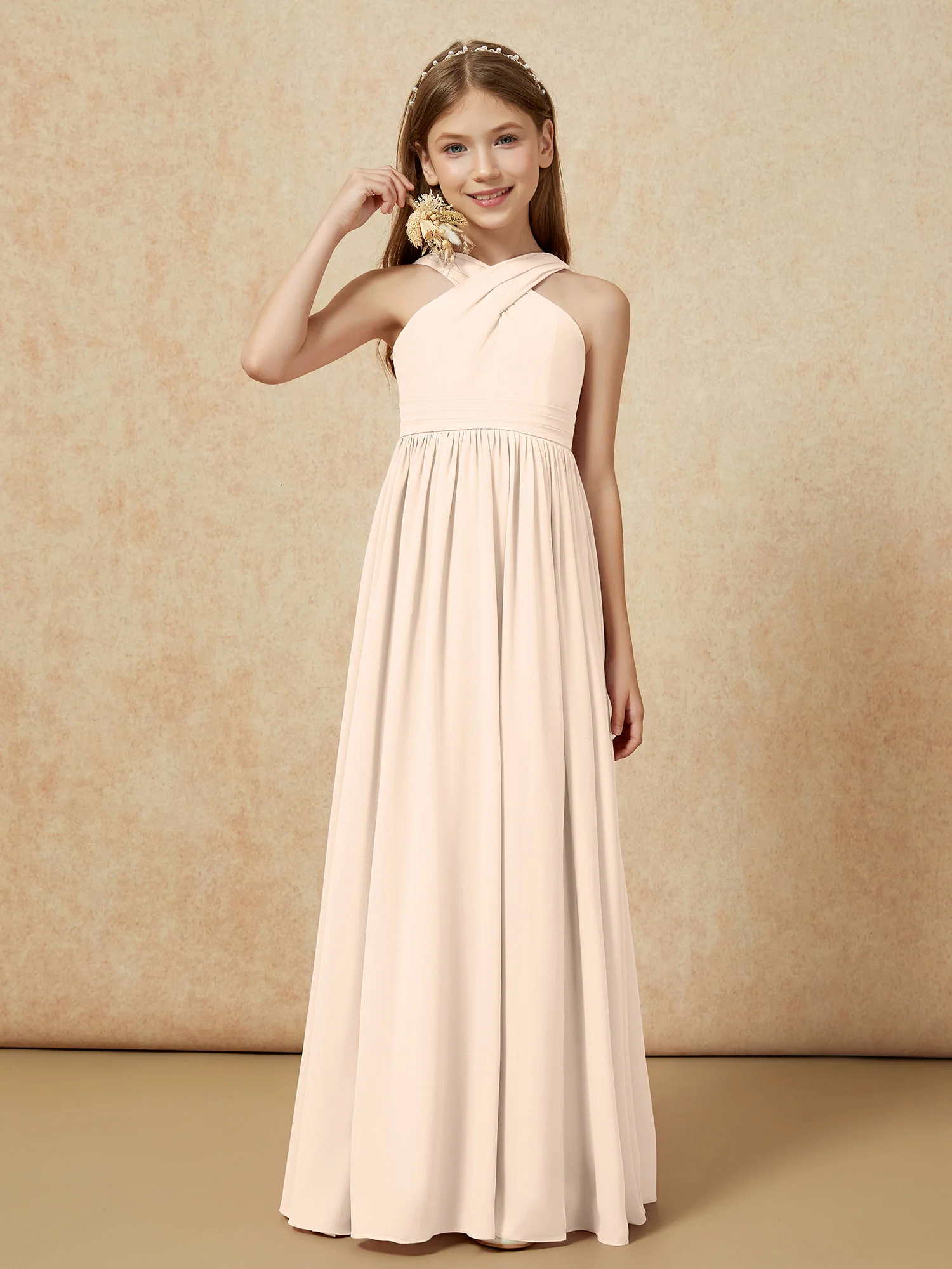 Grecian Neck Chiffon Junior Bridesmaid Dresses With Slit Peach