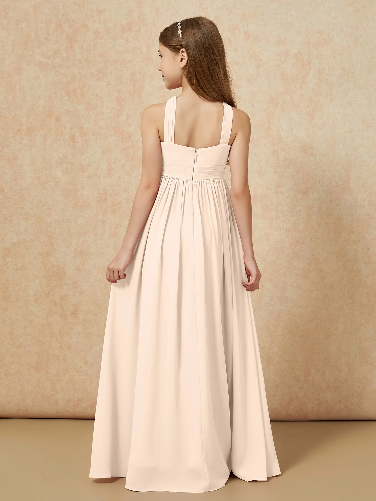 Grecian Neck Chiffon Junior Bridesmaid Dresses With Slit Peach - Image 2