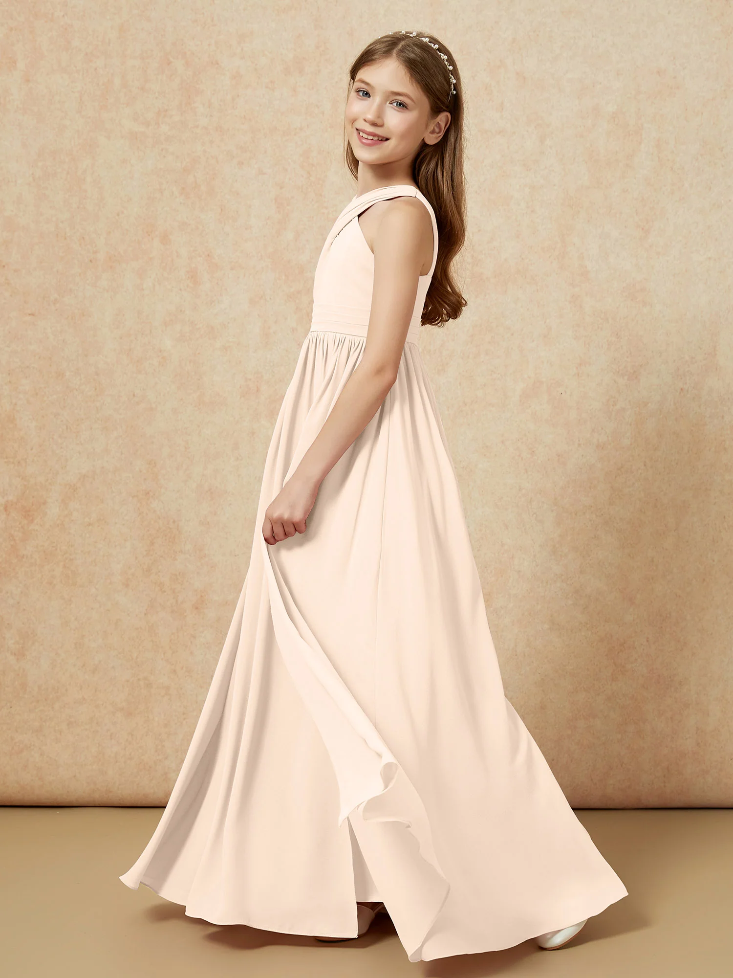 Grecian Neck Chiffon Junior Bridesmaid Dresses With Slit Peach - Image 3