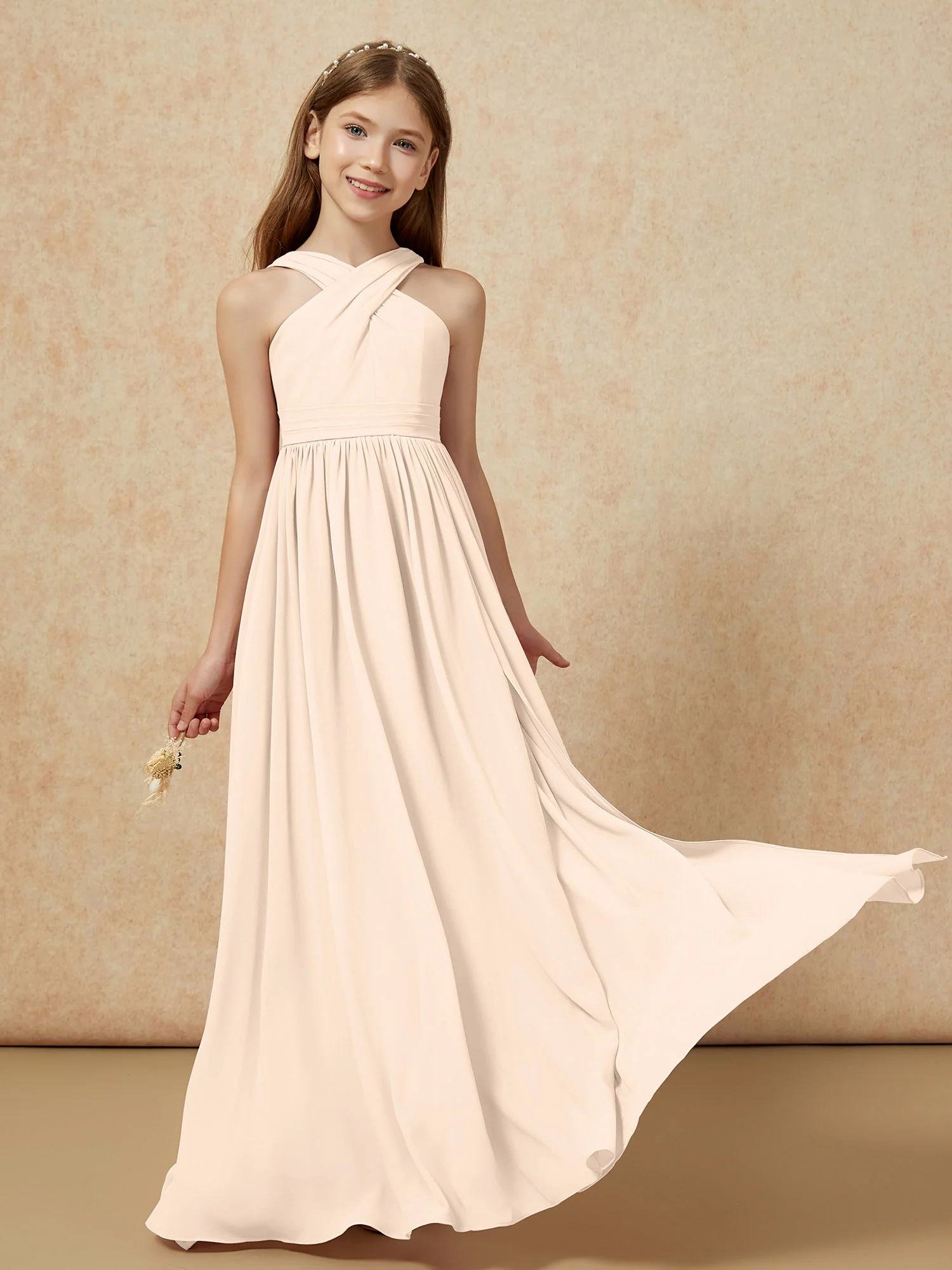 Grecian Neck Chiffon Junior Bridesmaid Dresses With Slit Peach - Image 5