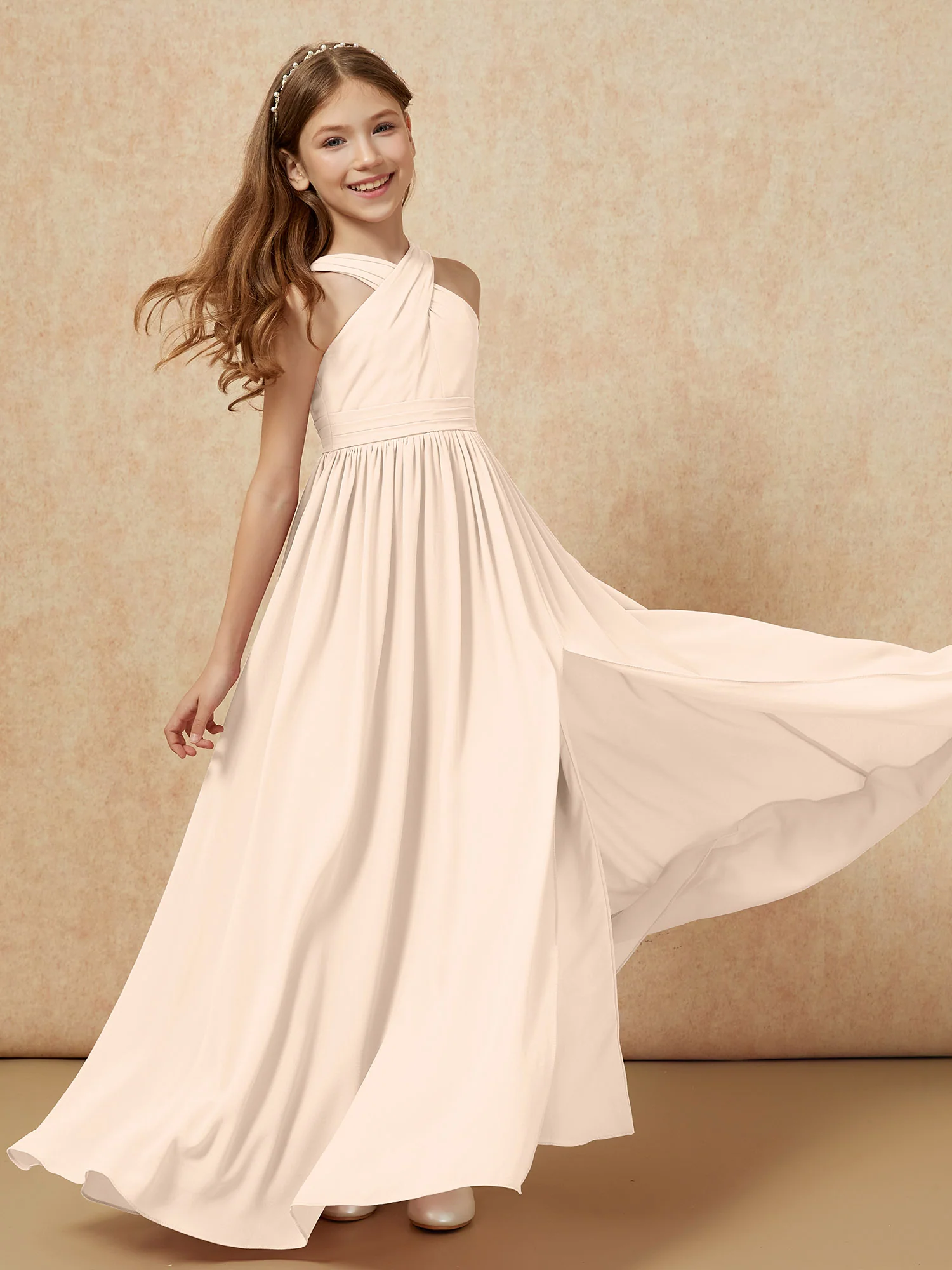 Grecian Neck Chiffon Junior Bridesmaid Dresses With Slit Peach - Image 6