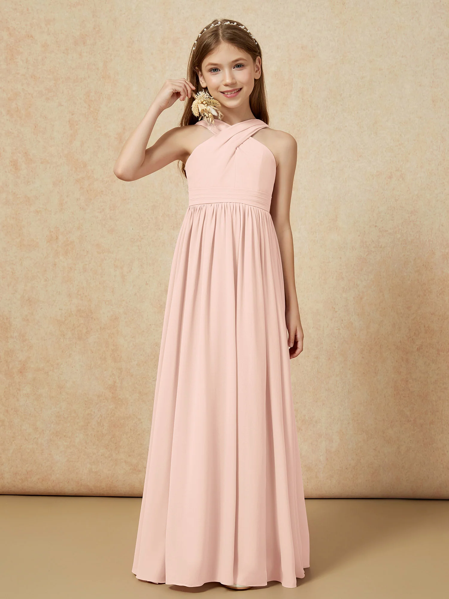 Grecian Neck Chiffon Junior Bridesmaid Dresses With Slit Pearl Pink