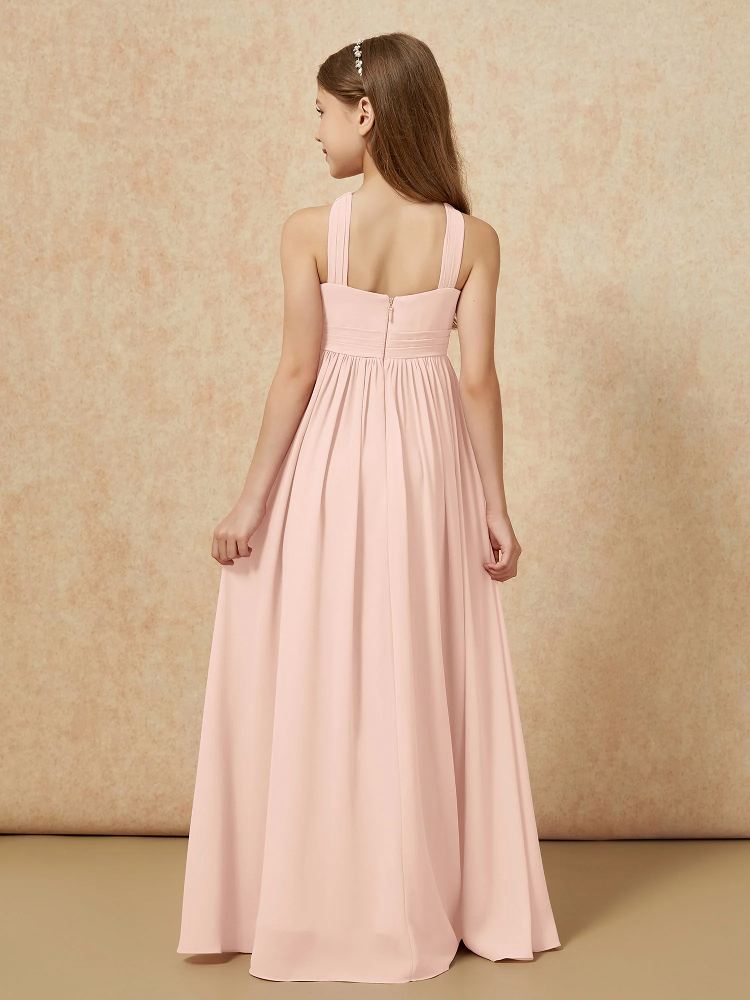 Grecian Neck Chiffon Junior Bridesmaid Dresses With Slit Pearl Pink - Image 2