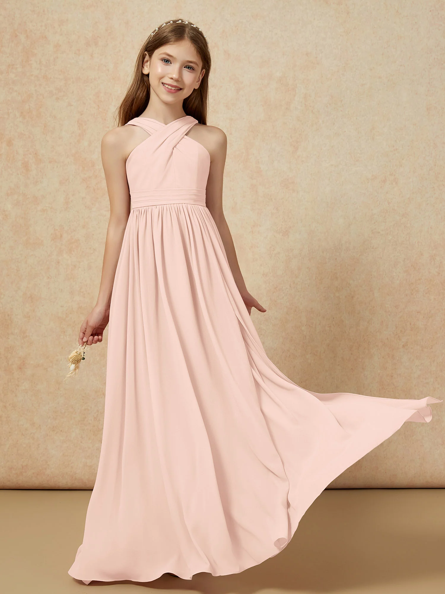 Grecian Neck Chiffon Junior Bridesmaid Dresses With Slit Pearl Pink - Image 5