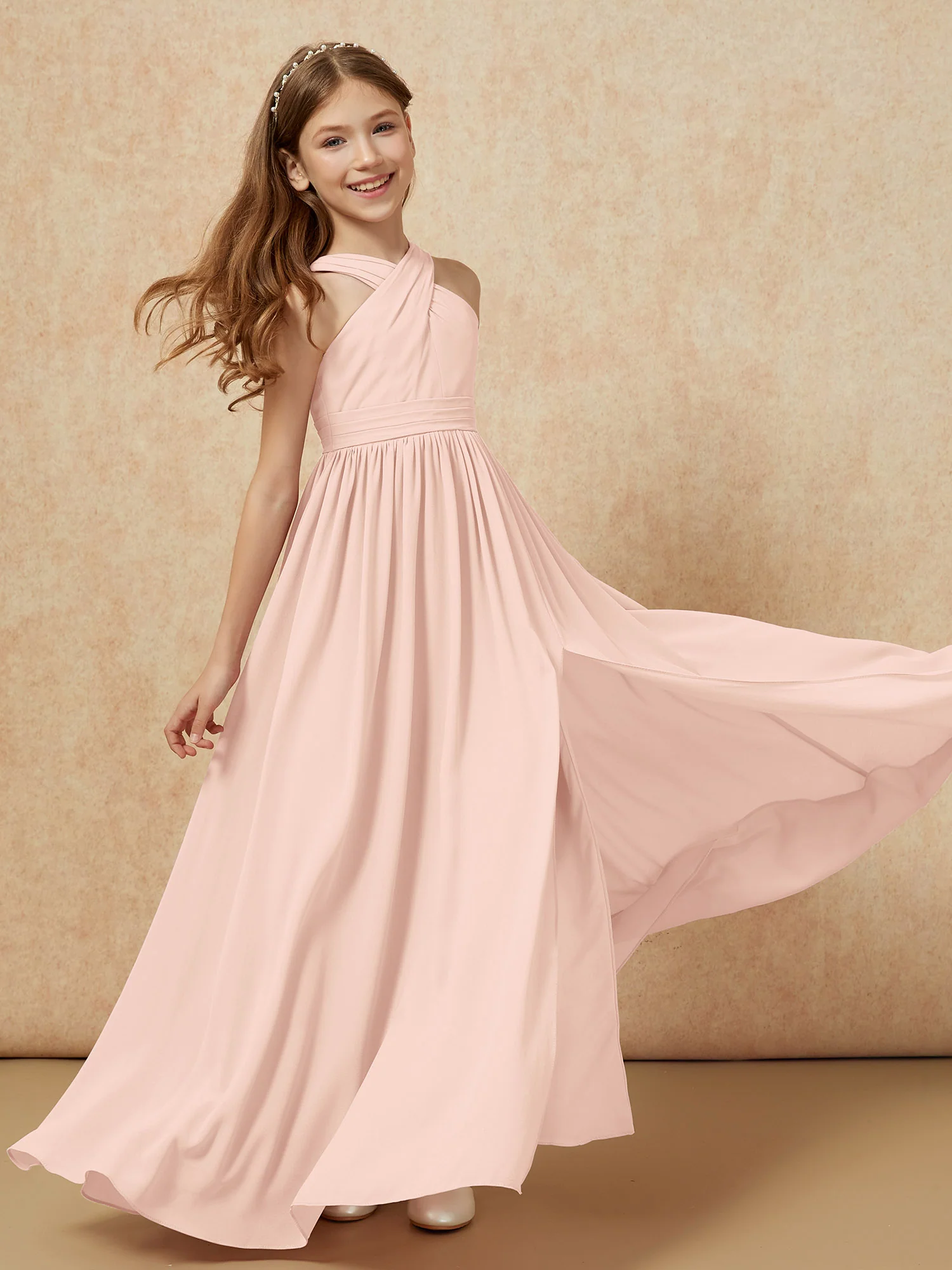 Grecian Neck Chiffon Junior Bridesmaid Dresses With Slit Pearl Pink - Image 6