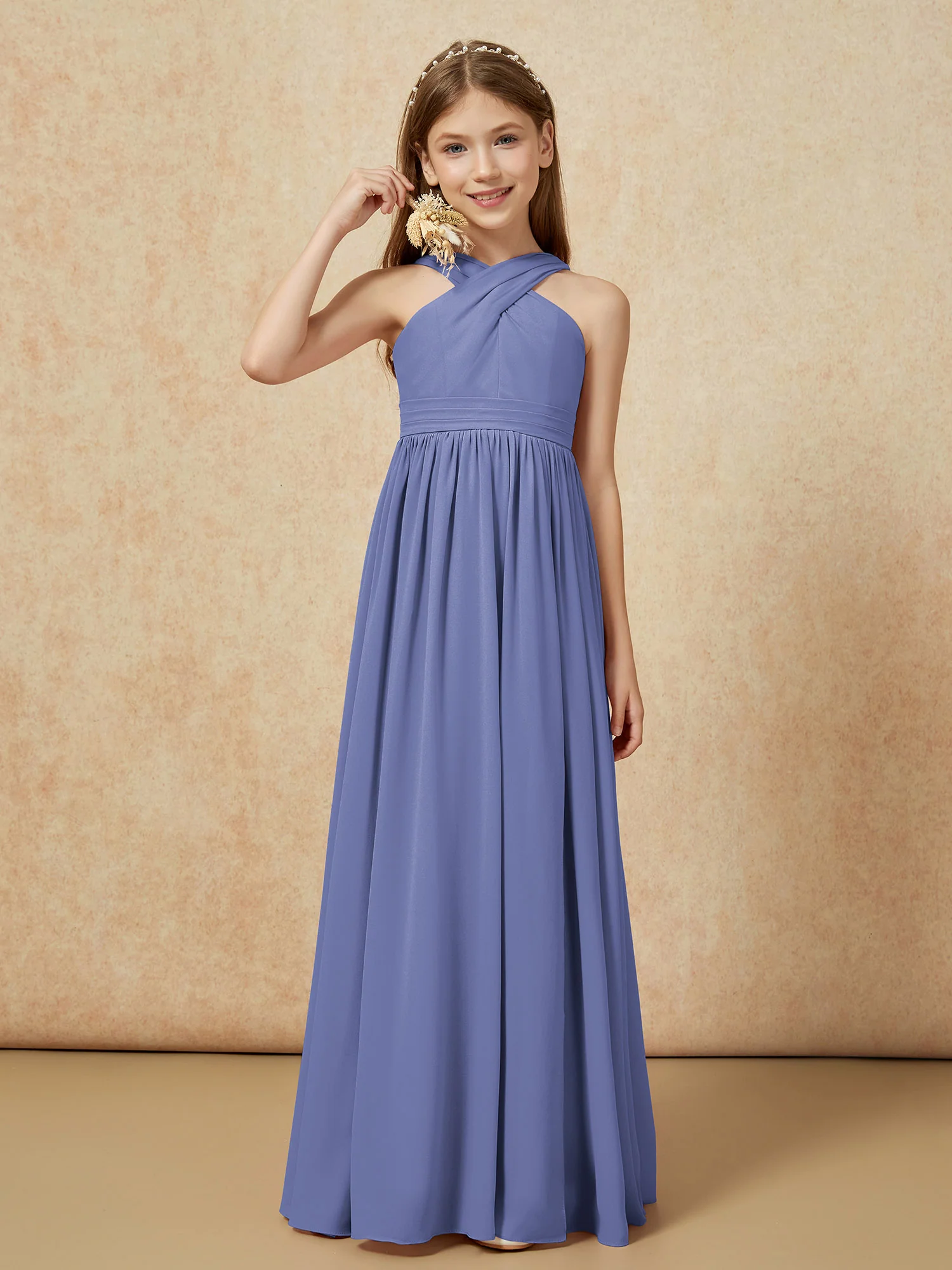 Grecian Neck Chiffon Junior Bridesmaid Dresses With Slit Periwinkle
