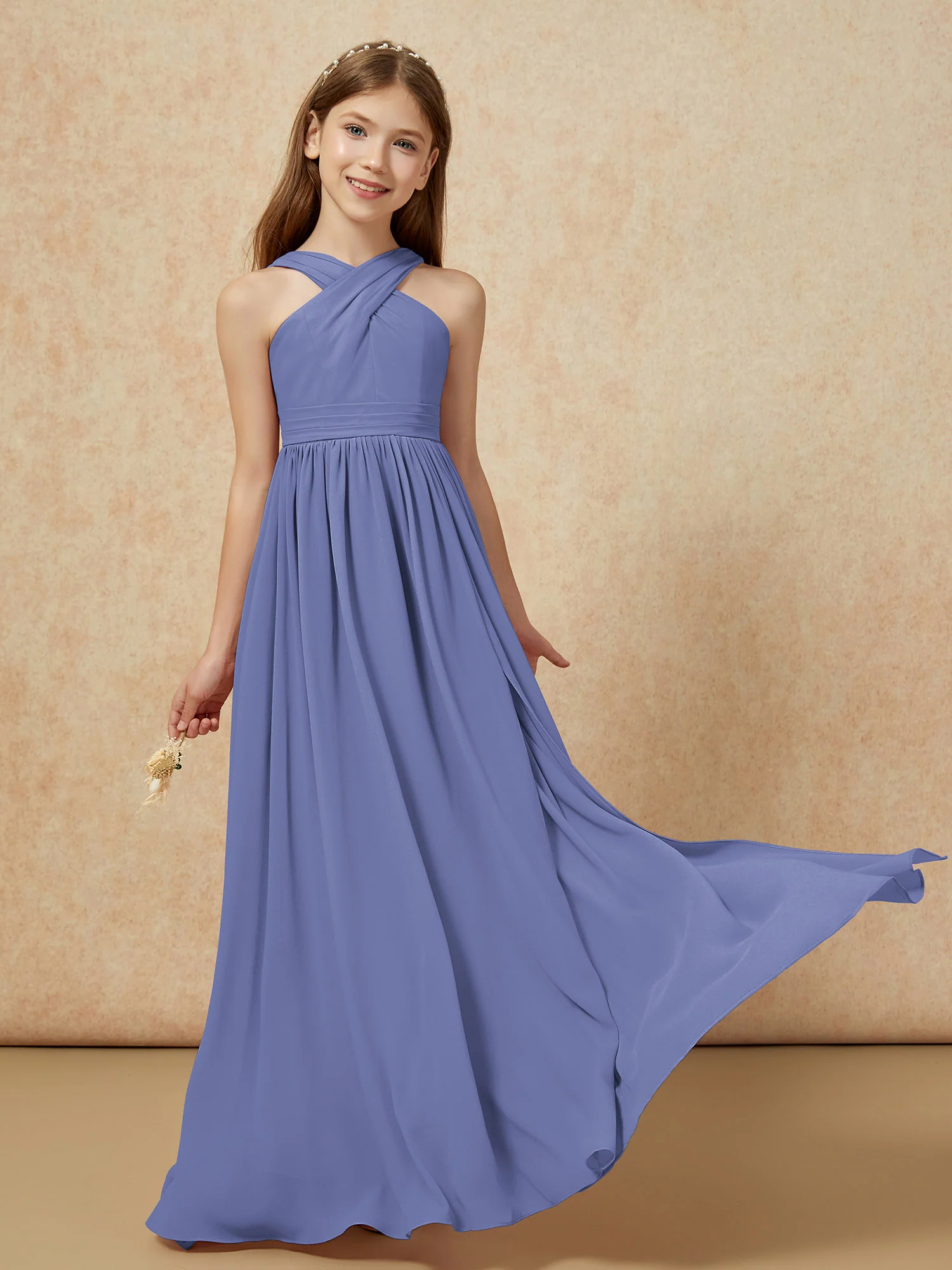 Grecian Neck Chiffon Junior Bridesmaid Dresses With Slit Periwinkle - Image 5