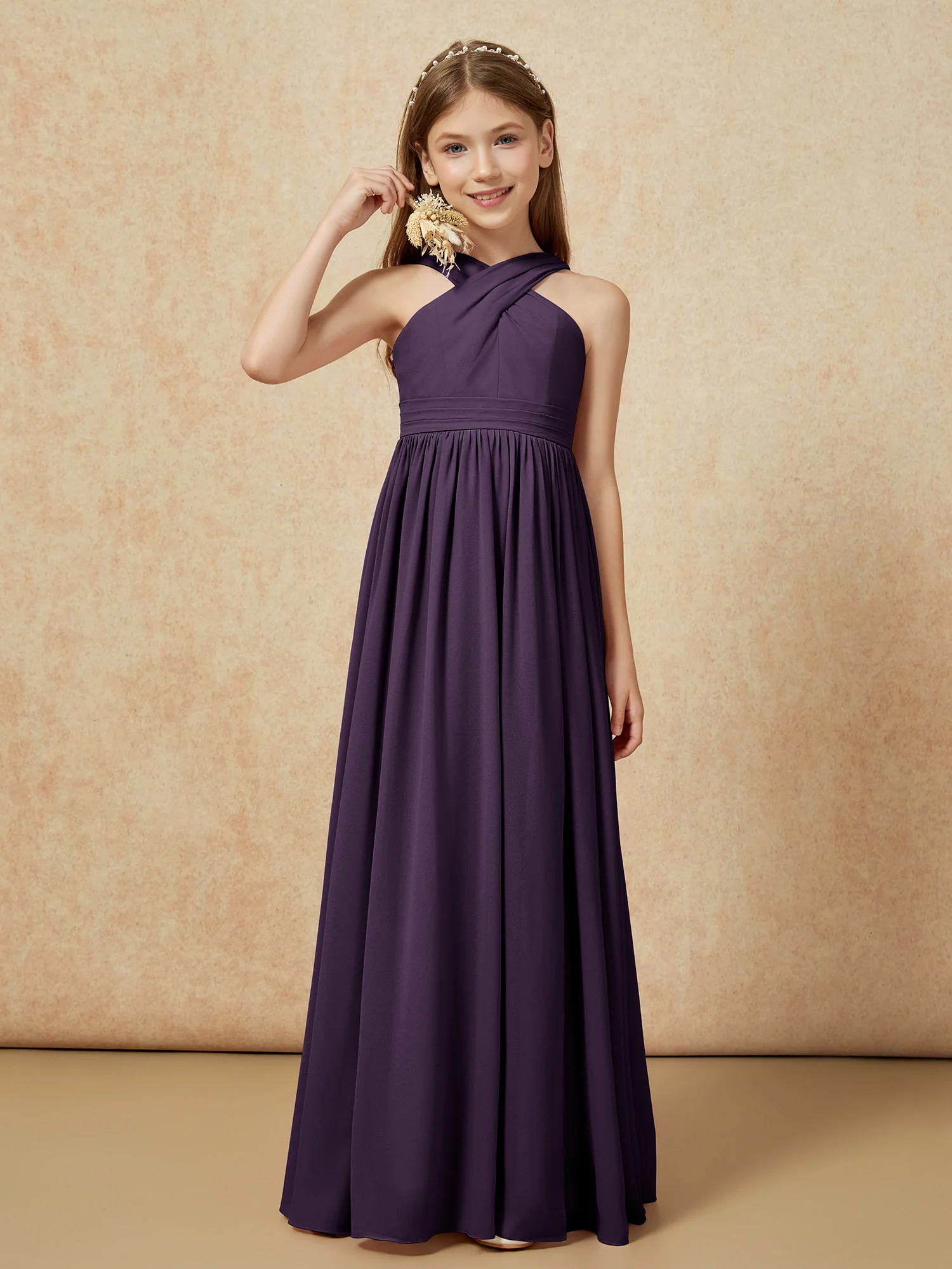 Grecian Neck Chiffon Junior Bridesmaid Dresses With Slit Plum