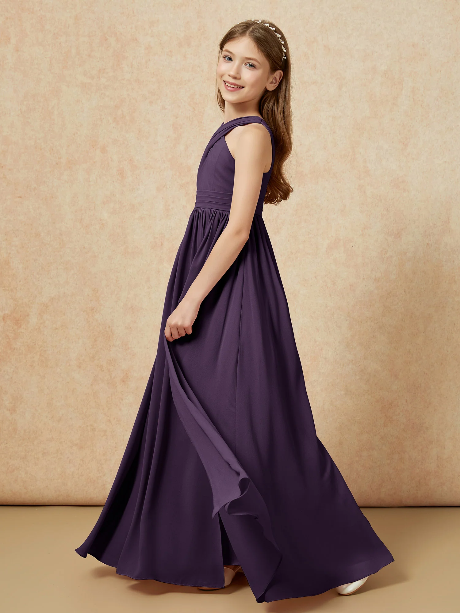 Grecian Neck Chiffon Junior Bridesmaid Dresses With Slit Plum - Image 3