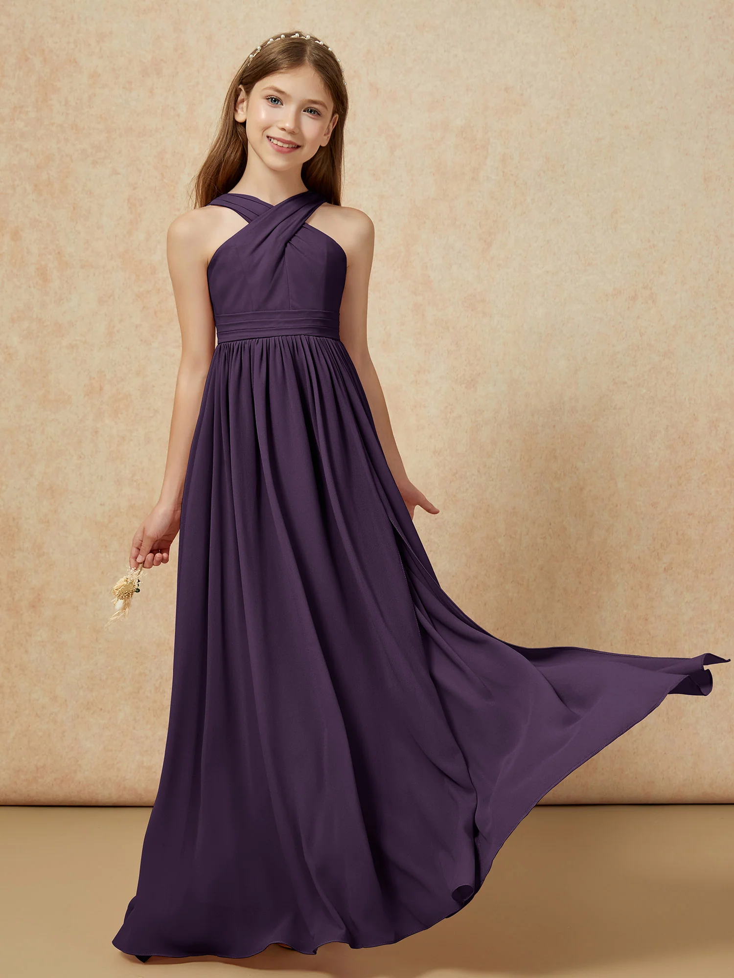 Grecian Neck Chiffon Junior Bridesmaid Dresses With Slit Plum - Image 5