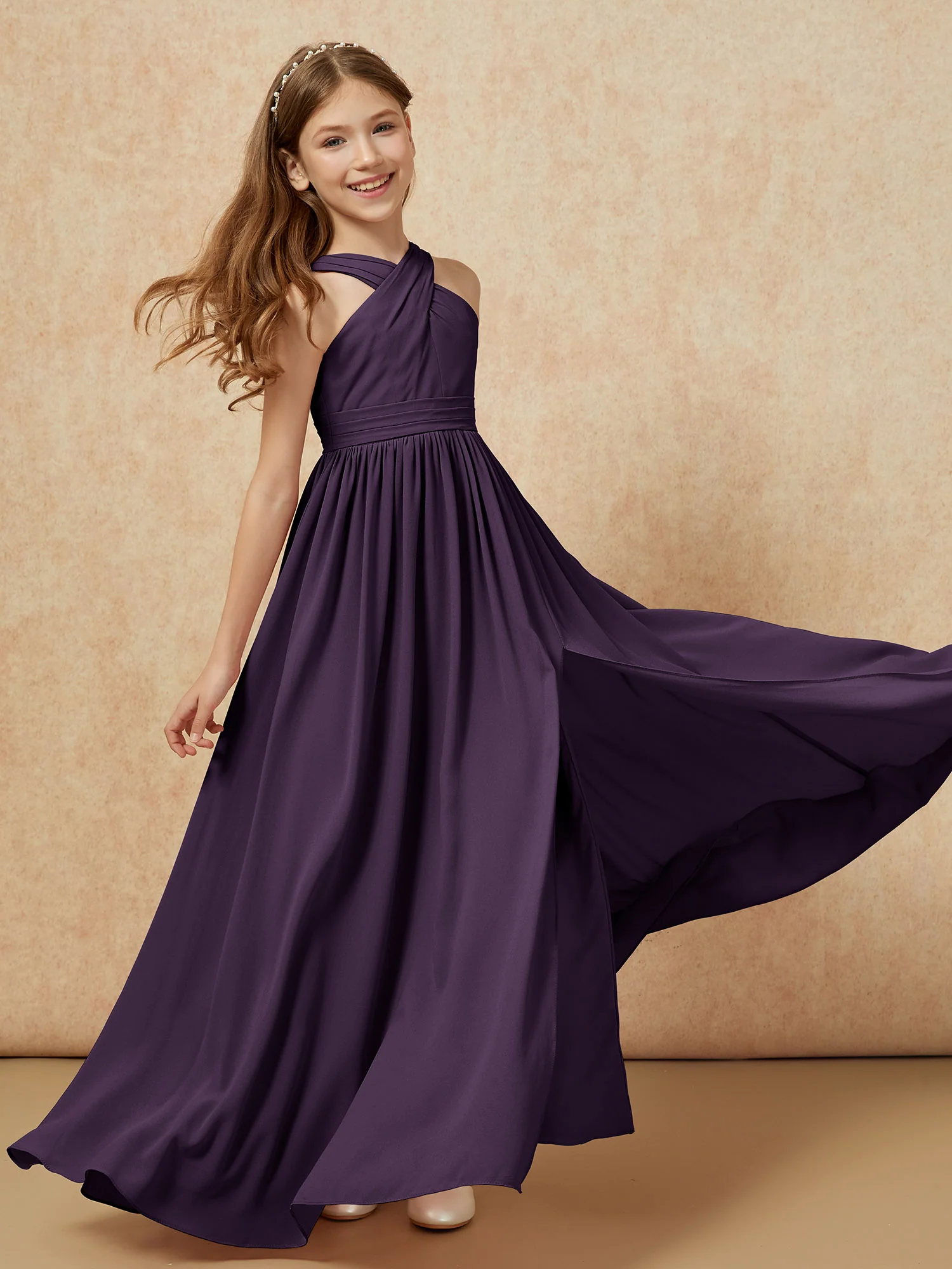 Grecian Neck Chiffon Junior Bridesmaid Dresses With Slit Plum - Image 6
