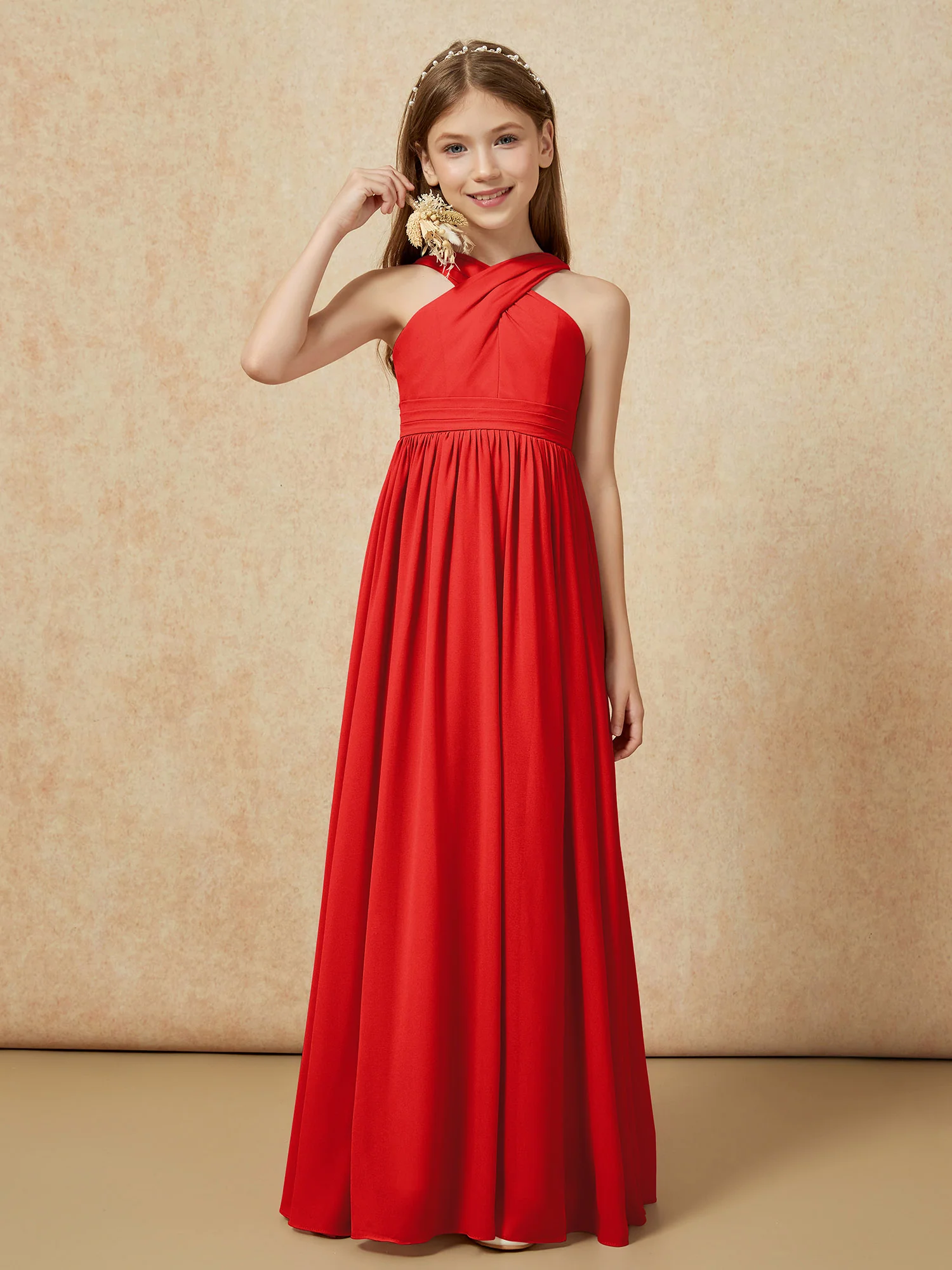 Grecian Neck Chiffon Junior Bridesmaid Dresses With Slit Red