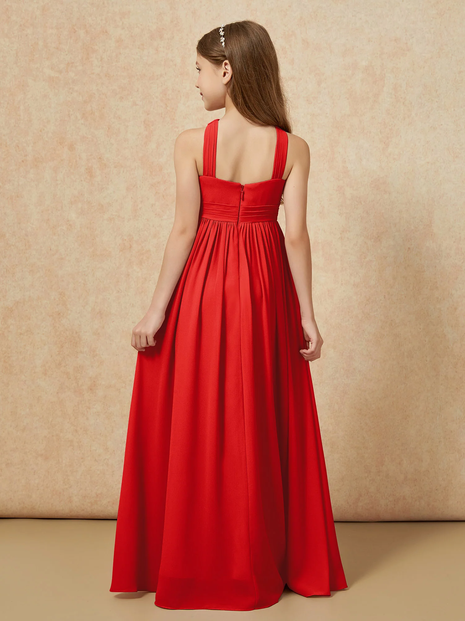 Grecian Neck Chiffon Junior Bridesmaid Dresses With Slit Red - Image 2