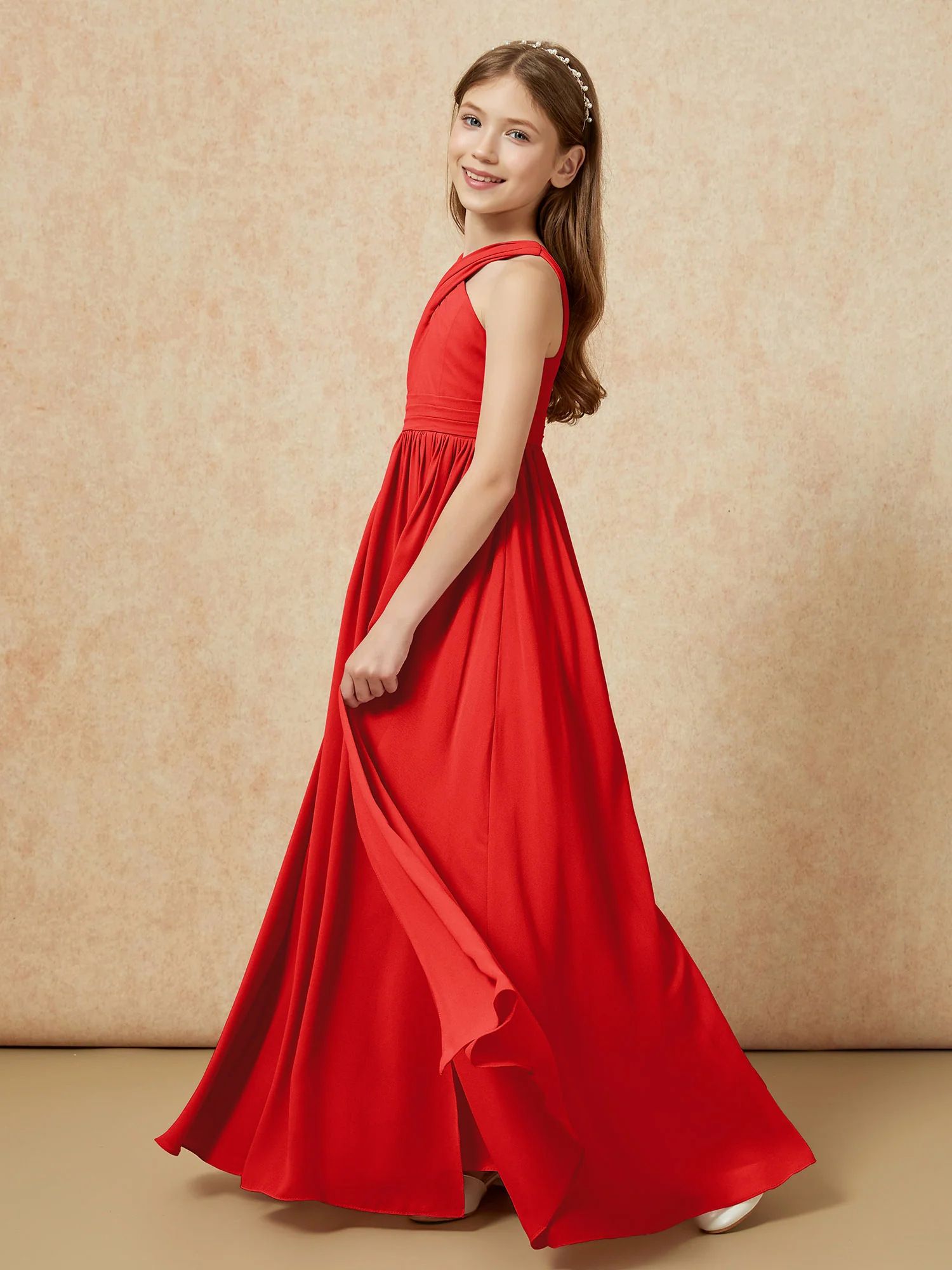 Grecian Neck Chiffon Junior Bridesmaid Dresses With Slit Red - Image 3