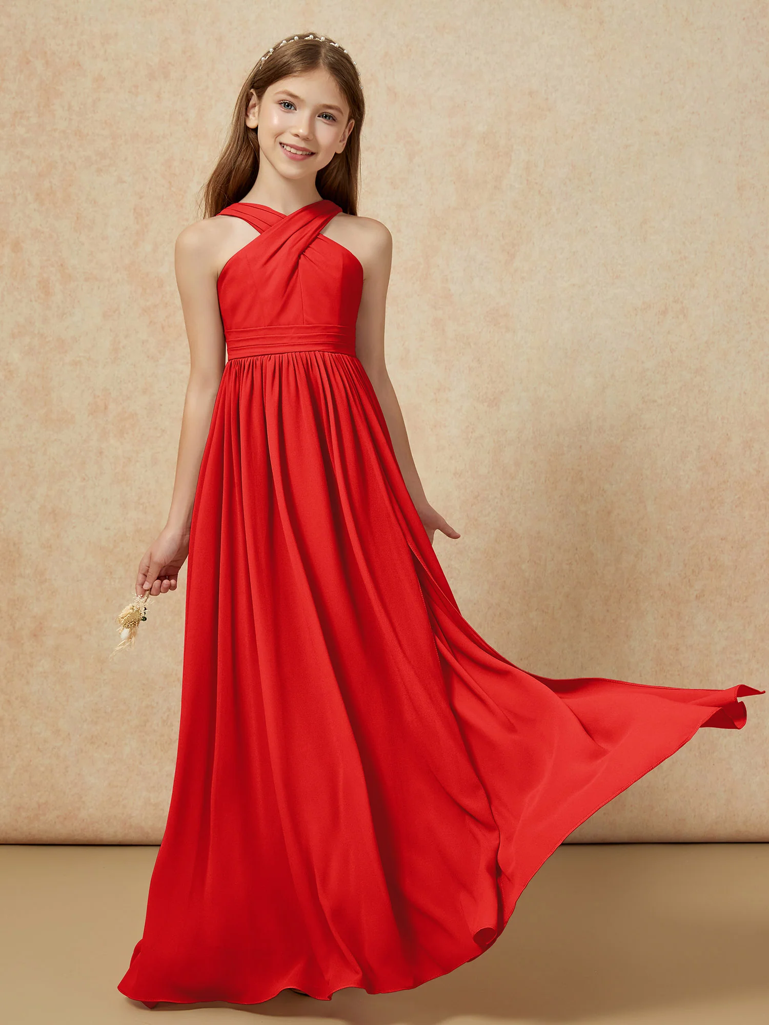 Grecian Neck Chiffon Junior Bridesmaid Dresses With Slit Red - Image 5
