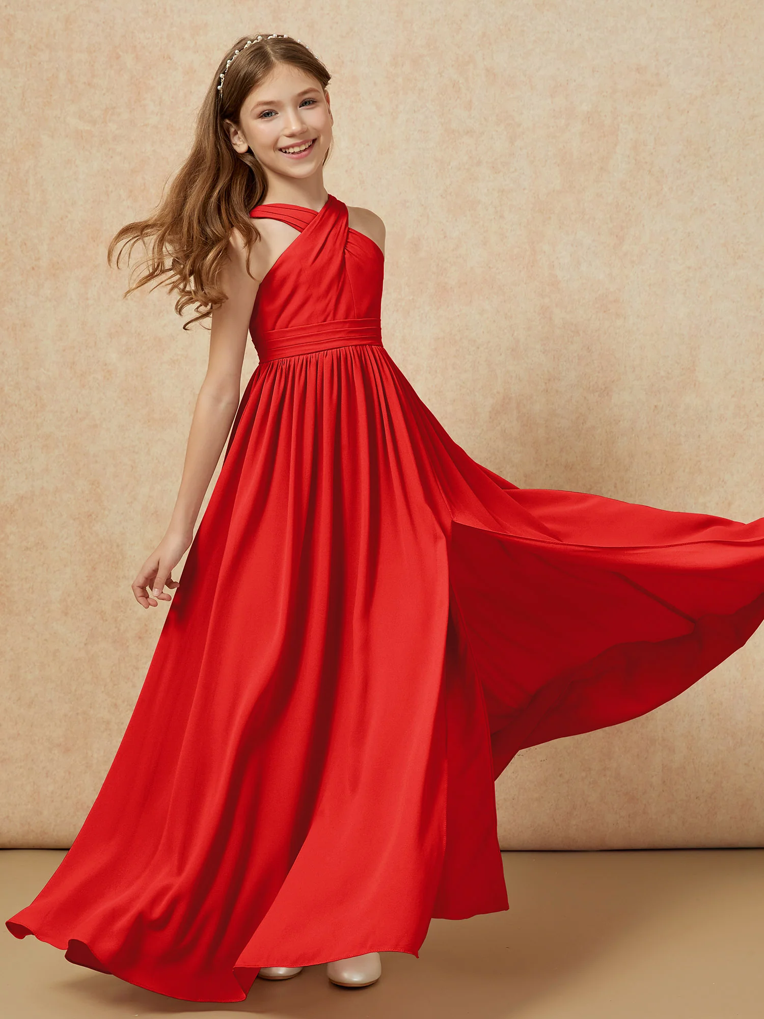 Grecian Neck Chiffon Junior Bridesmaid Dresses With Slit Red - Image 6