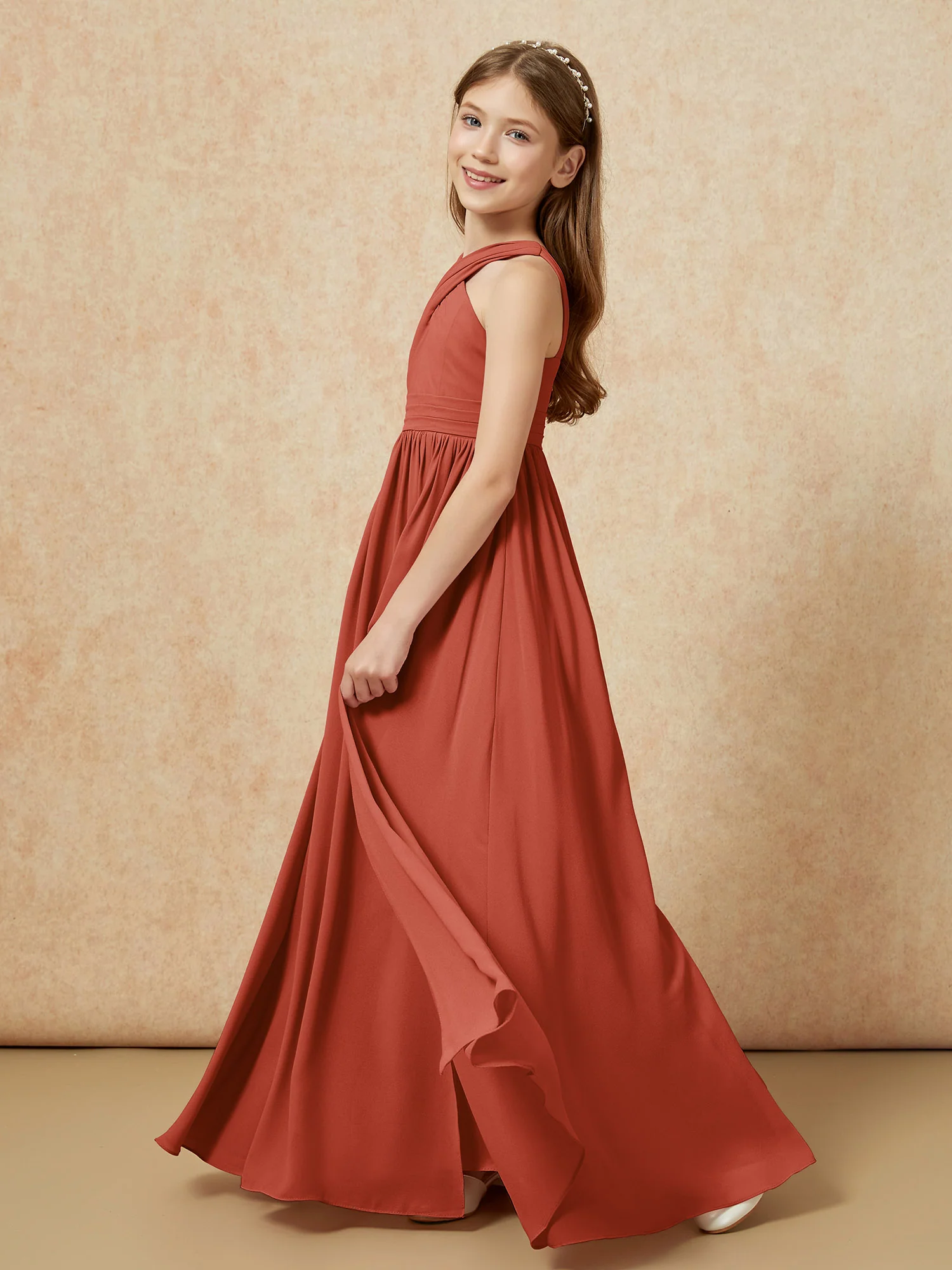 Grecian Neck Chiffon Junior Bridesmaid Dresses With Slit Rust - Image 3