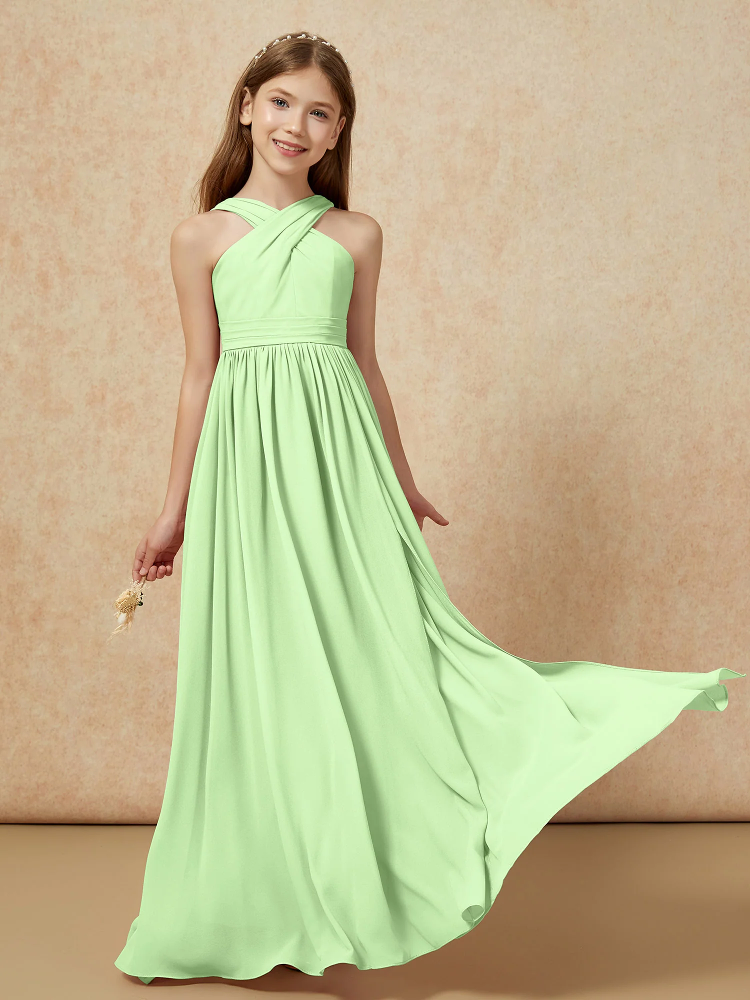 Grecian Neck Chiffon Junior Bridesmaid Dresses With Slit Sage - Image 5