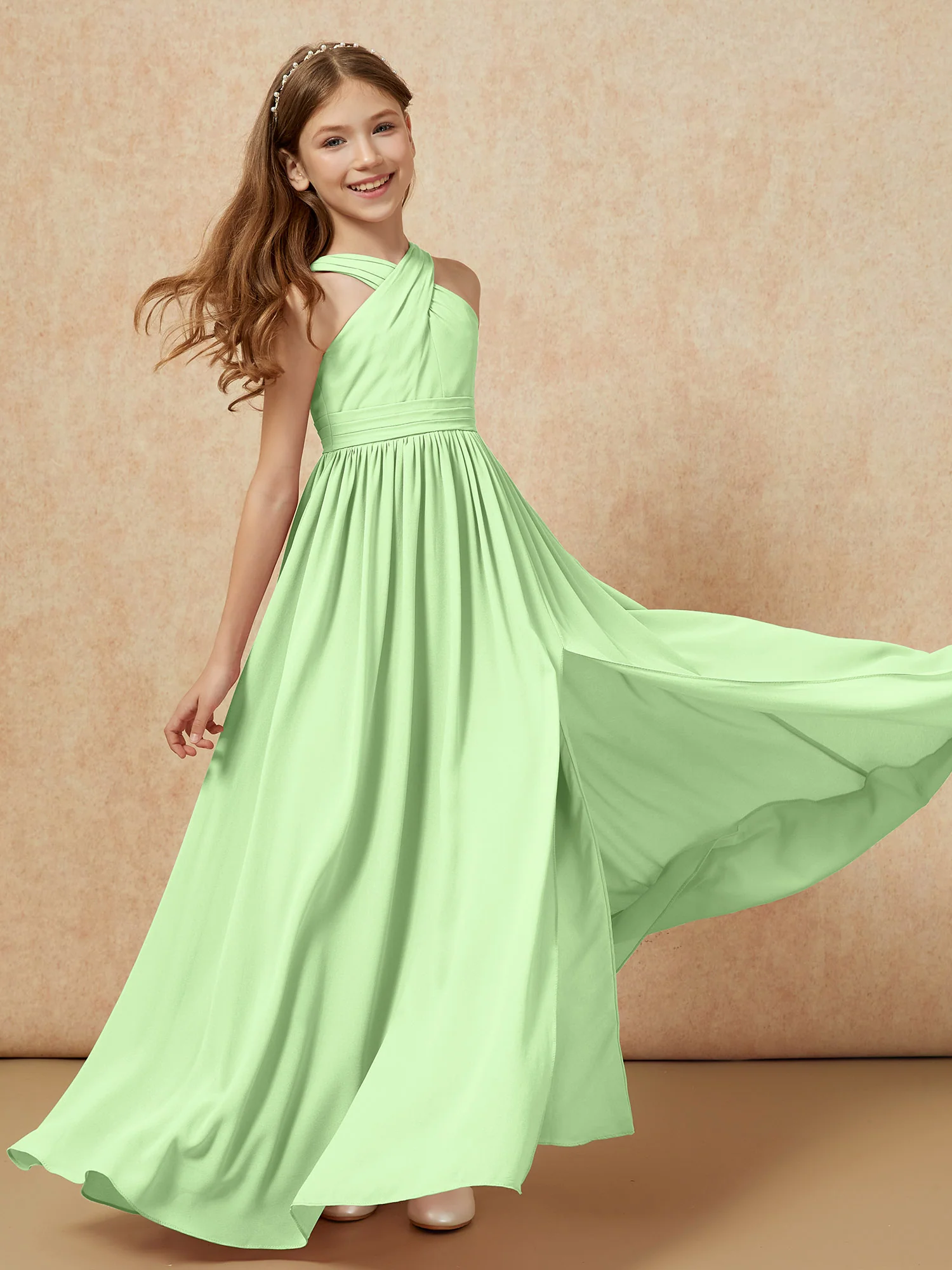 Grecian Neck Chiffon Junior Bridesmaid Dresses With Slit Sage - Image 6