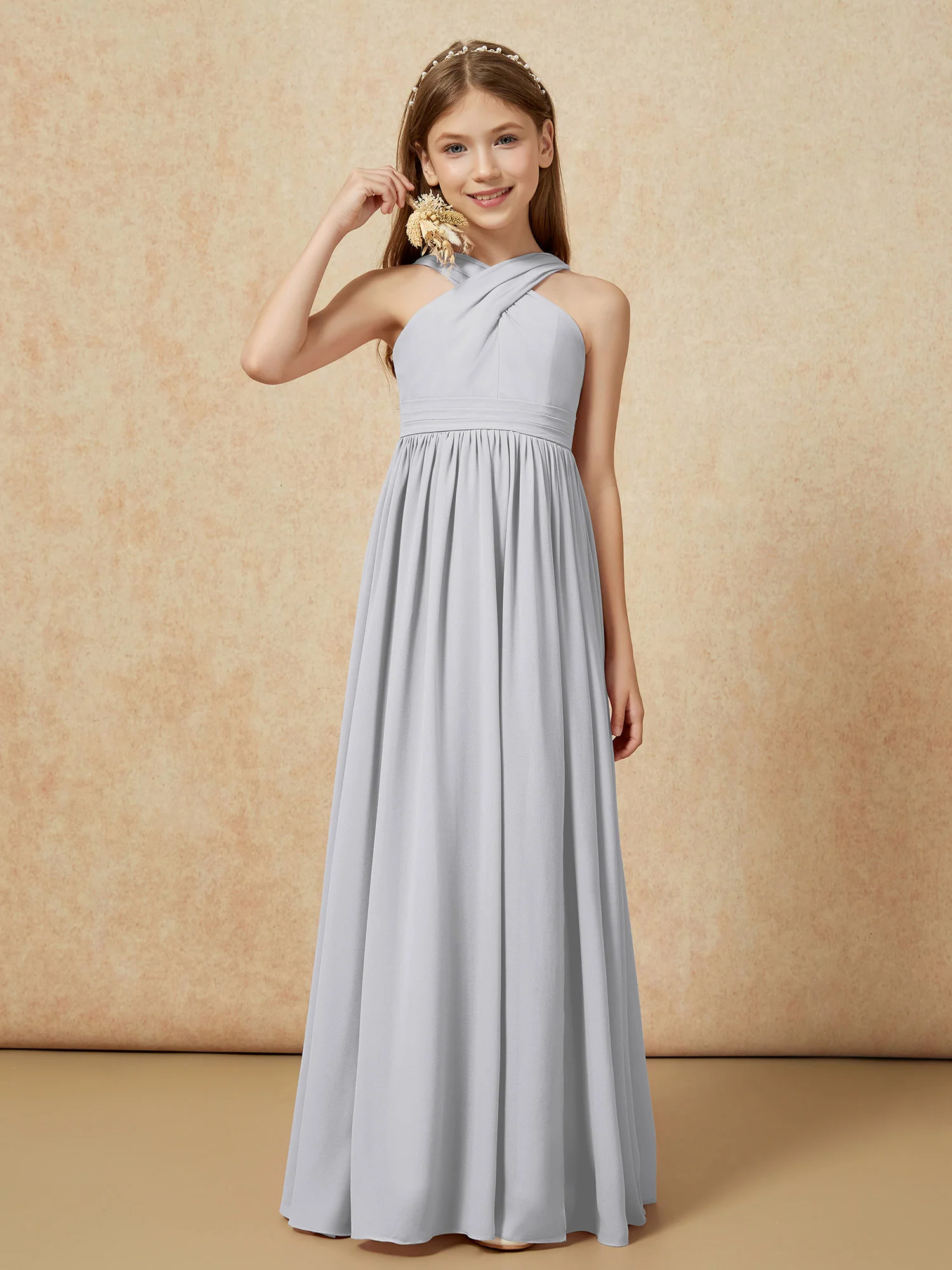 Grecian Neck Chiffon Junior Bridesmaid Dresses With Slit Silver