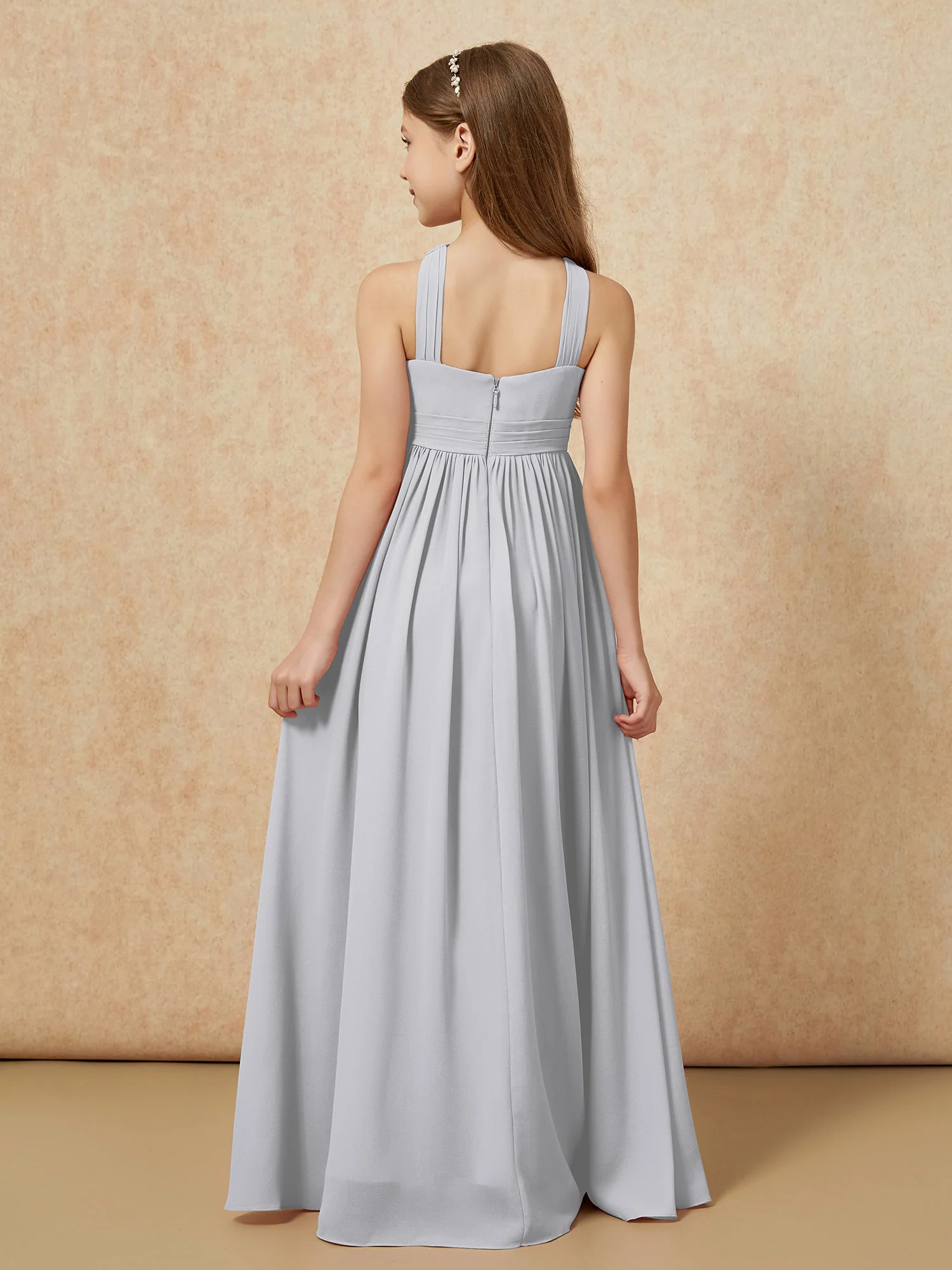 Grecian Neck Chiffon Junior Bridesmaid Dresses With Slit Silver - Image 2