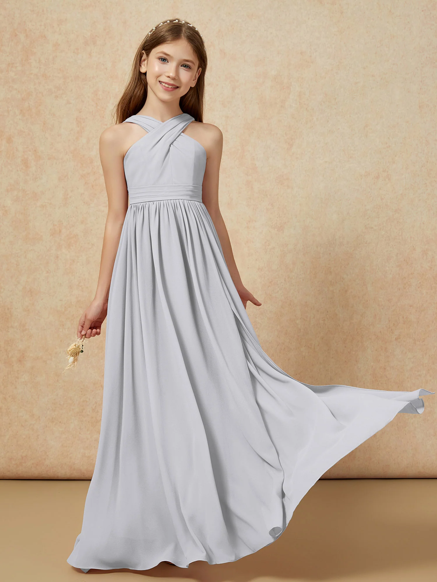 Grecian Neck Chiffon Junior Bridesmaid Dresses With Slit Silver - Image 5