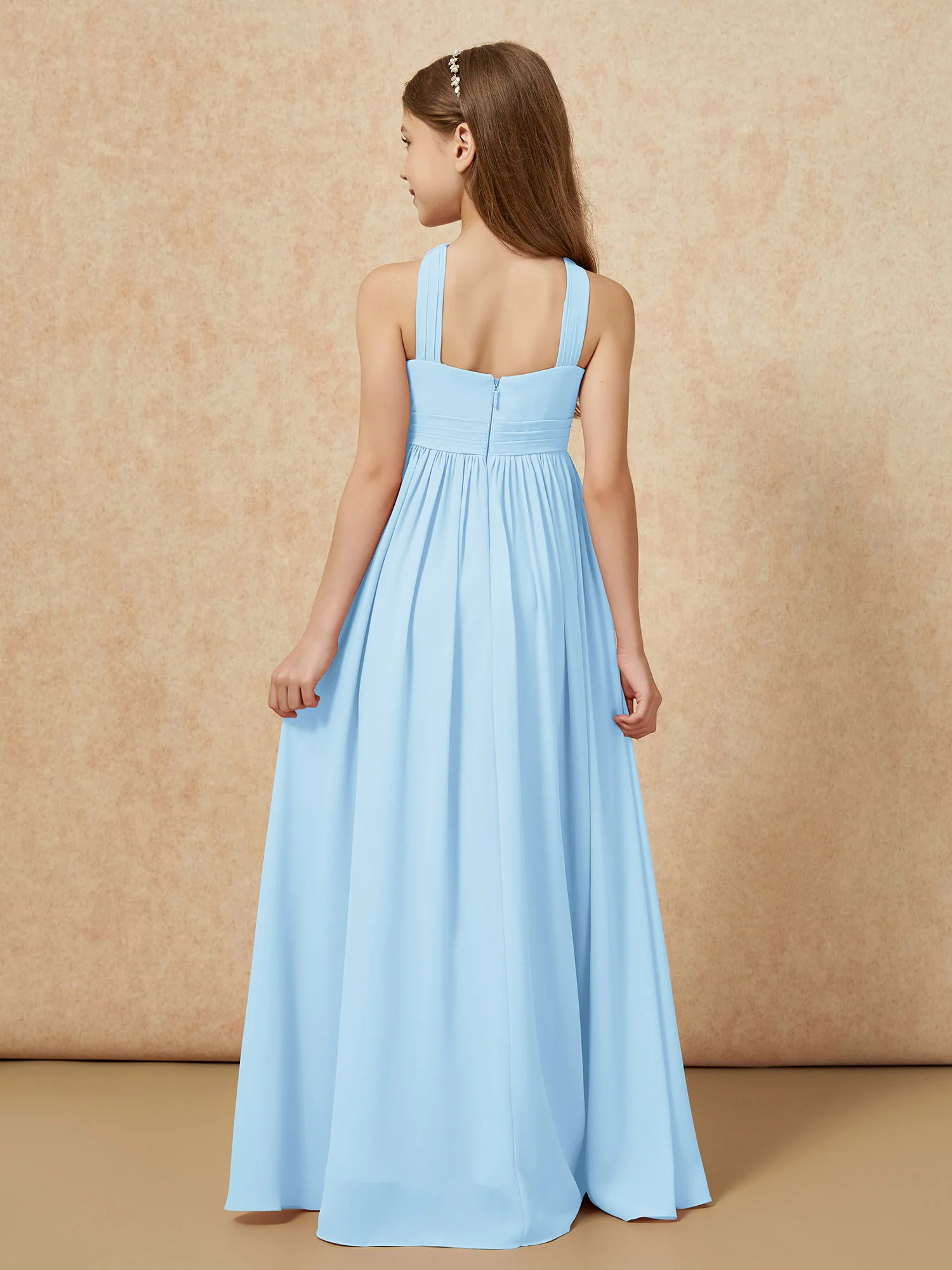 Grecian Neck Chiffon Junior Bridesmaid Dresses With Slit Sky Blue - Image 2