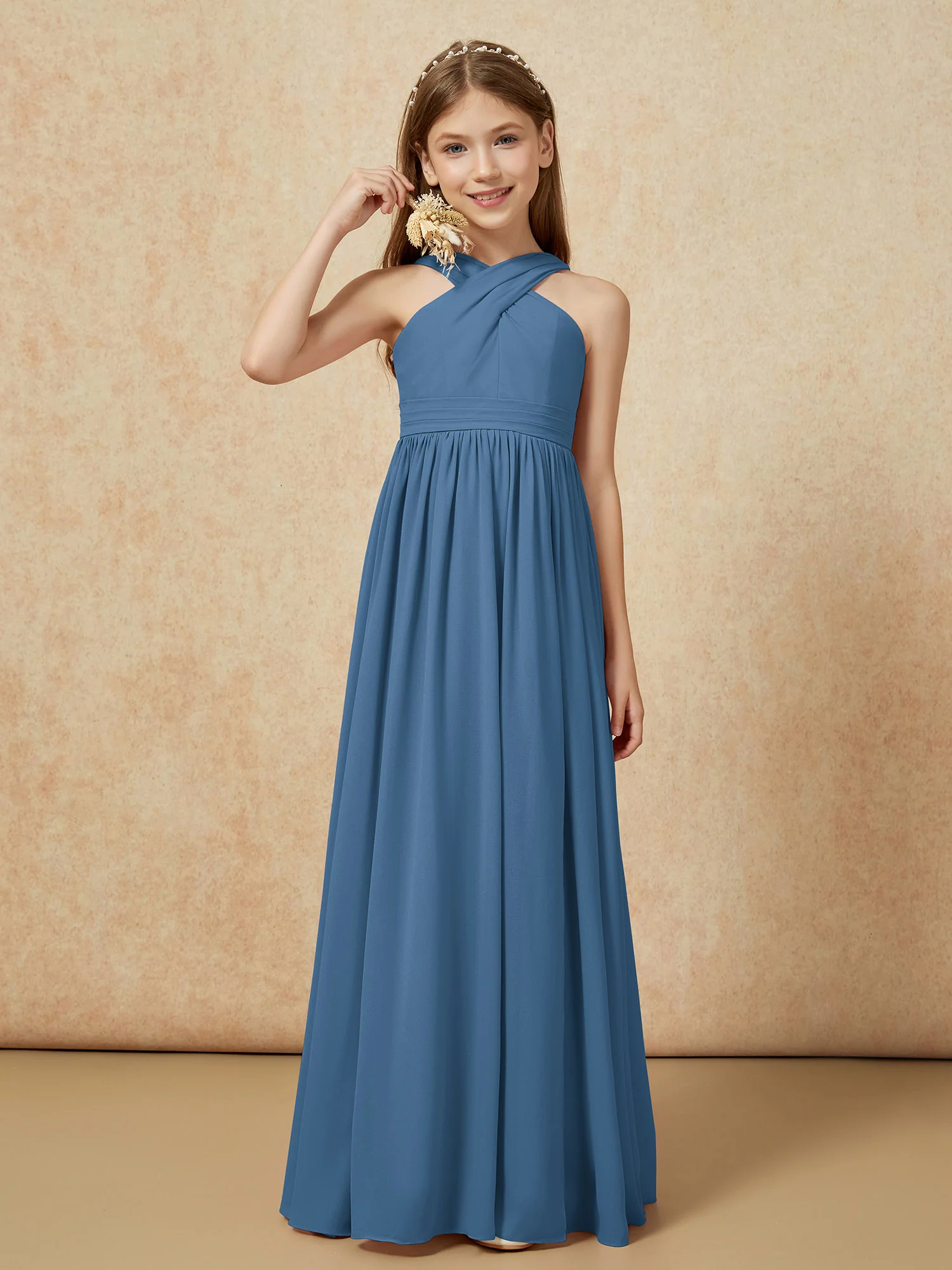 Grecian Neck Chiffon Junior Bridesmaid Dresses With Slit Slate Blue