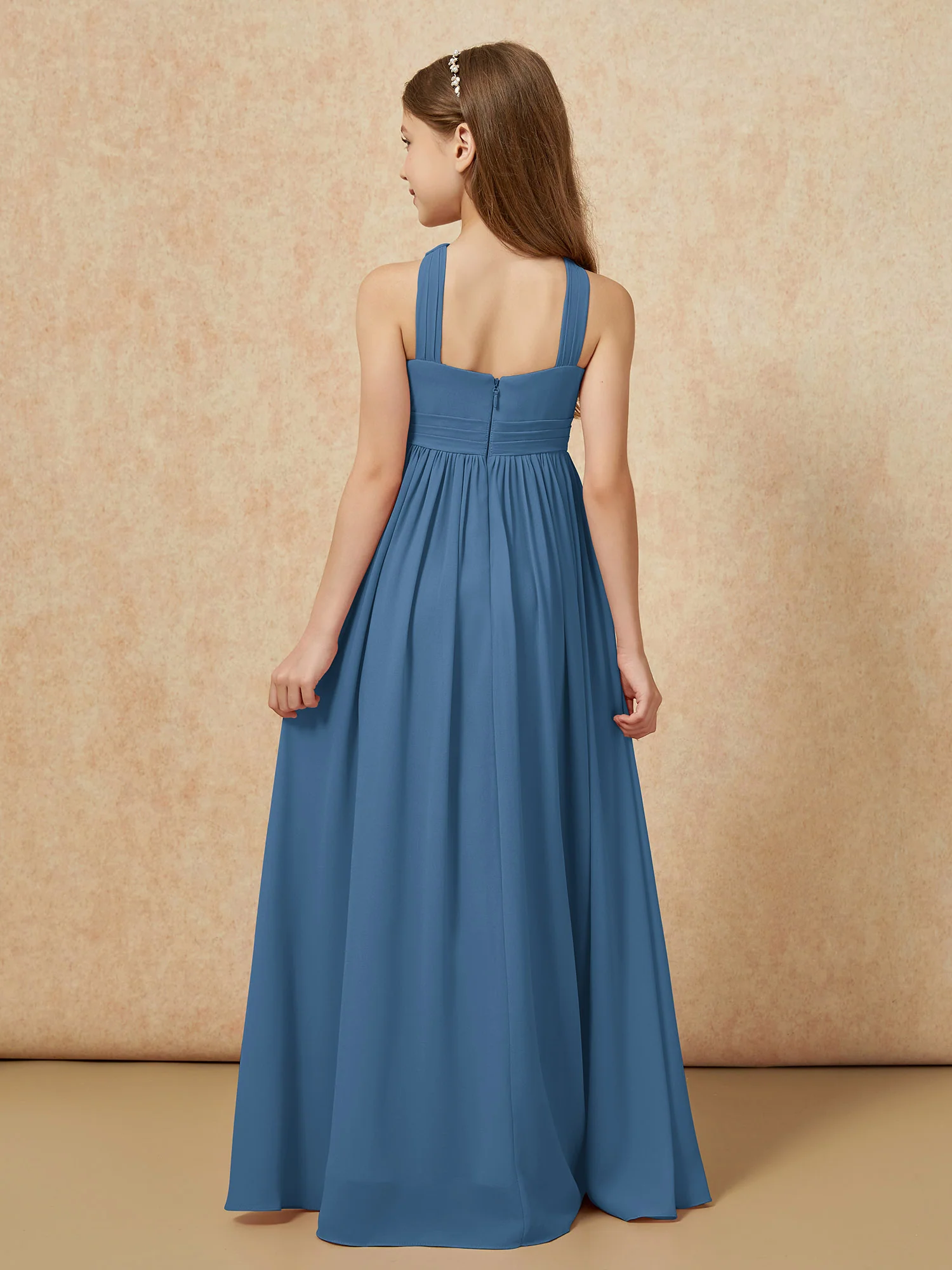 Grecian Neck Chiffon Junior Bridesmaid Dresses With Slit Slate Blue - Image 2