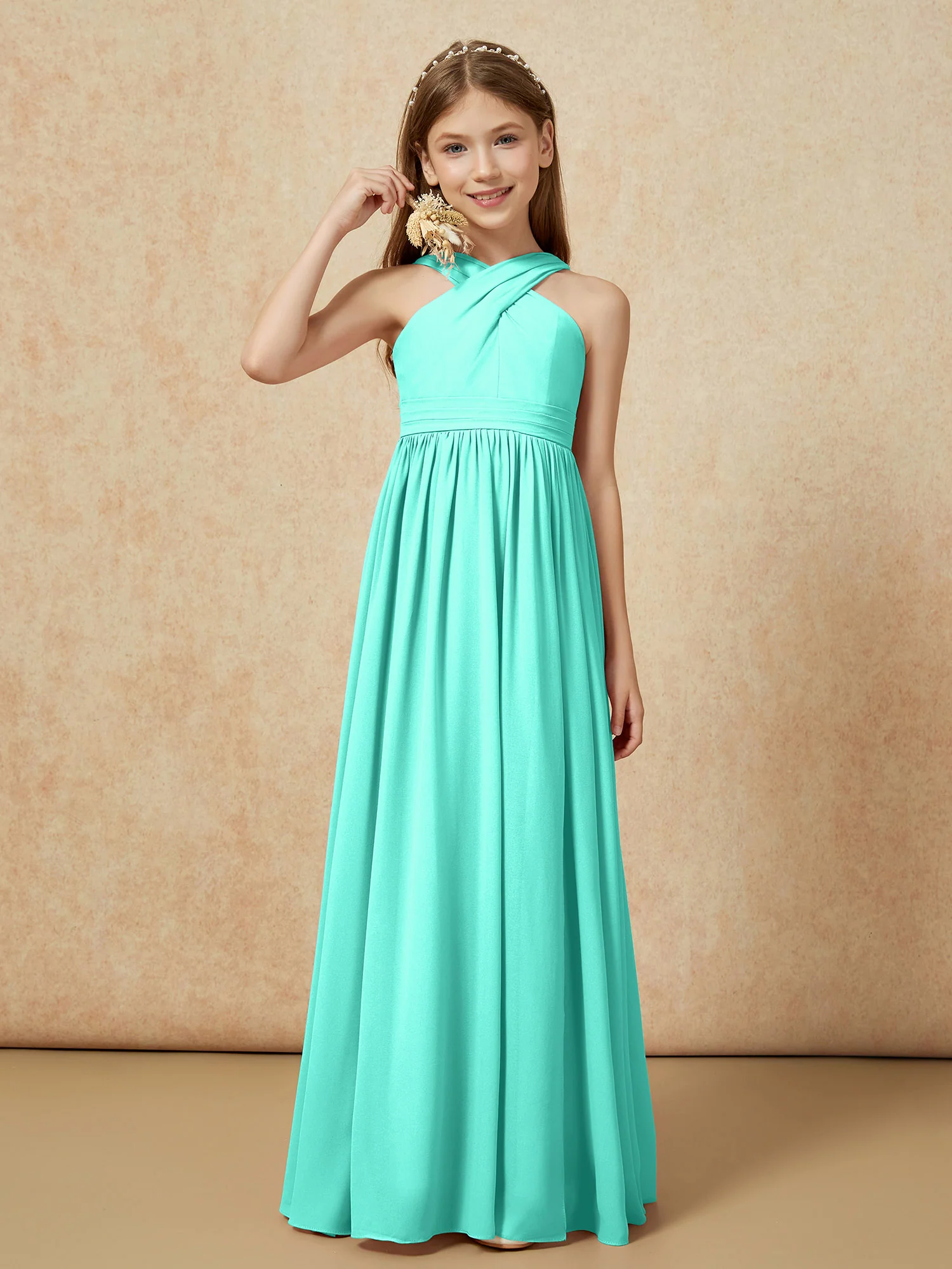 Grecian Neck Chiffon Junior Bridesmaid Dresses With Slit Spa