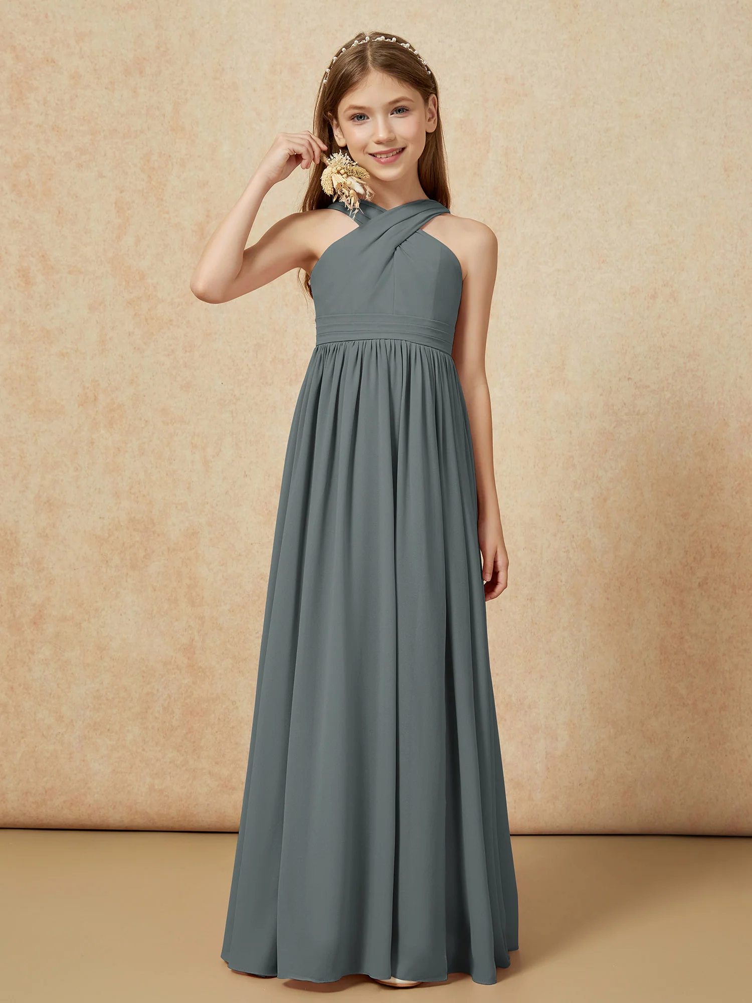 Grecian Neck Chiffon Junior Bridesmaid Dresses With Slit Steel Grey