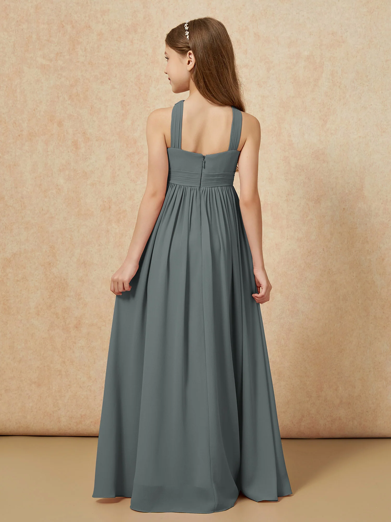 Grecian Neck Chiffon Junior Bridesmaid Dresses With Slit Steel Grey - Image 2