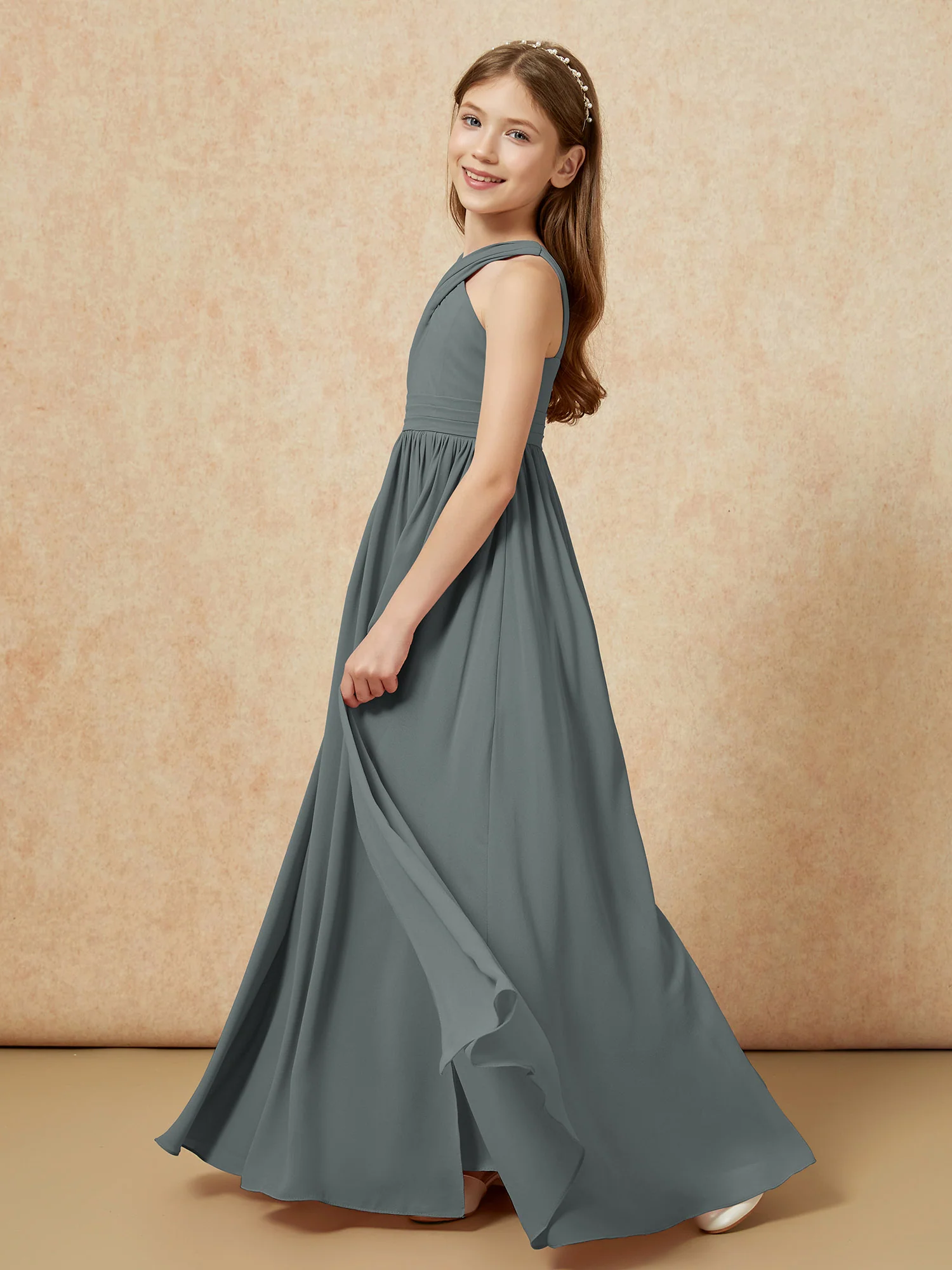 Grecian Neck Chiffon Junior Bridesmaid Dresses With Slit Steel Grey - Image 3