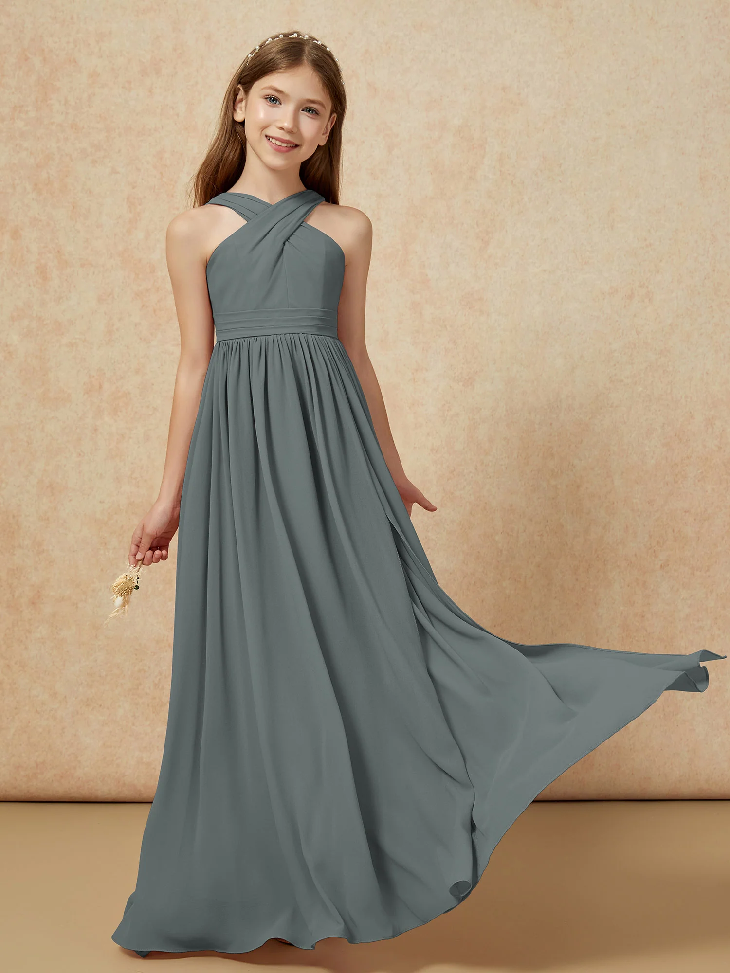 Grecian Neck Chiffon Junior Bridesmaid Dresses With Slit Steel Grey - Image 5