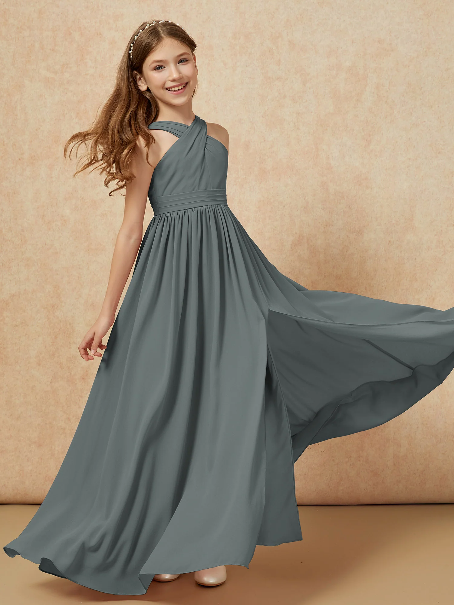 Grecian Neck Chiffon Junior Bridesmaid Dresses With Slit Steel Grey - Image 6