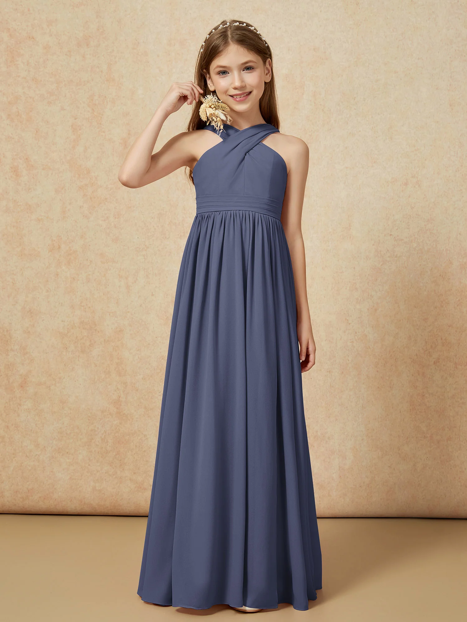 Grecian Neck Chiffon Junior Bridesmaid Dresses With Slit Stormy